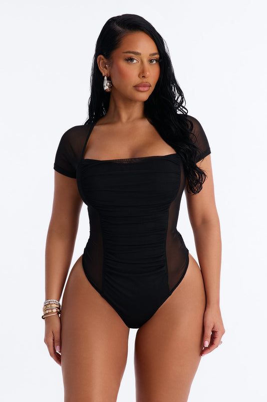 Lilly Ruched Sheer Mesh Short Sleeve Bodysuit - Black