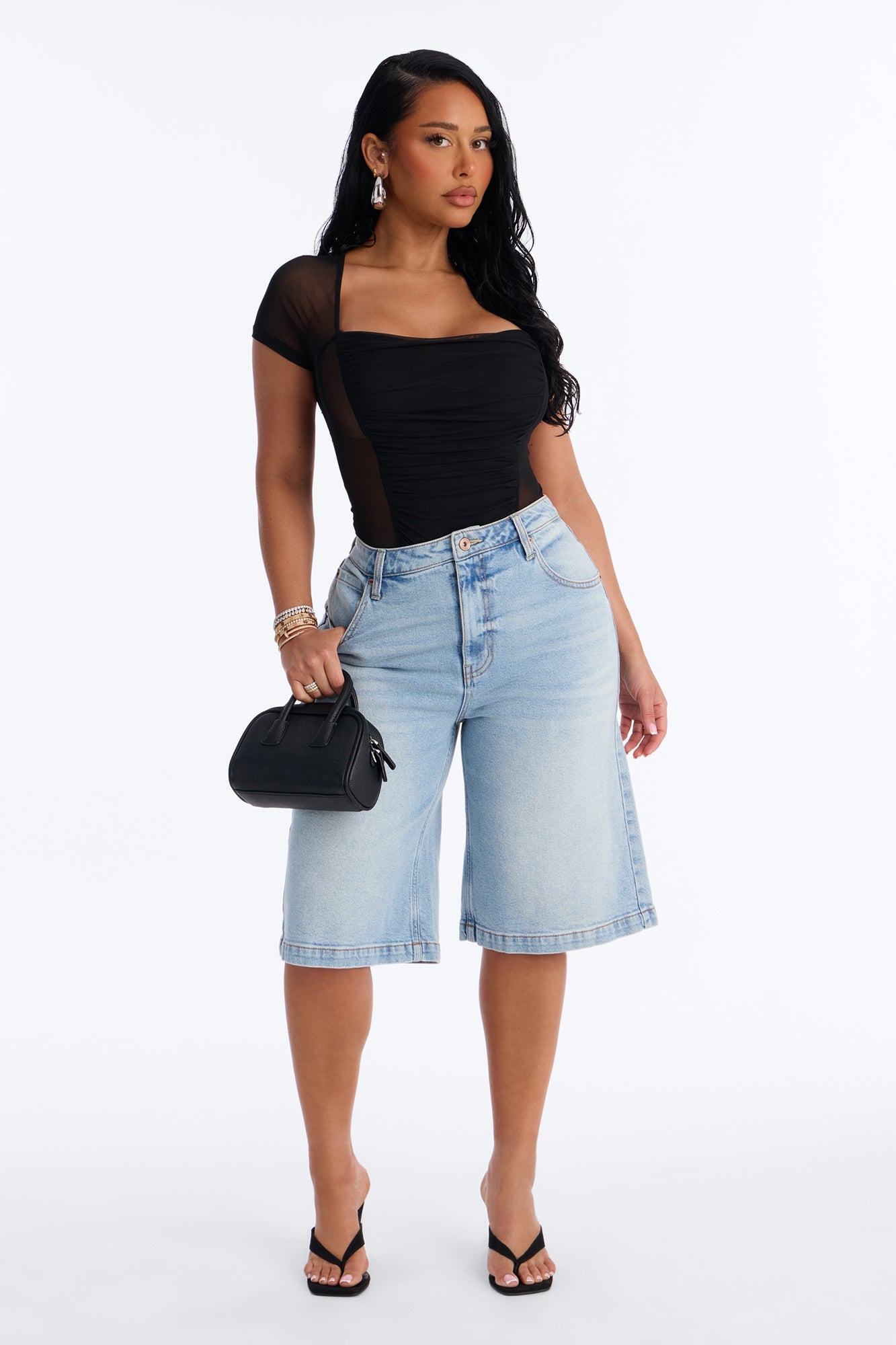 Lilly Ruched Sheer Mesh Short Sleeve Bodysuit - Black