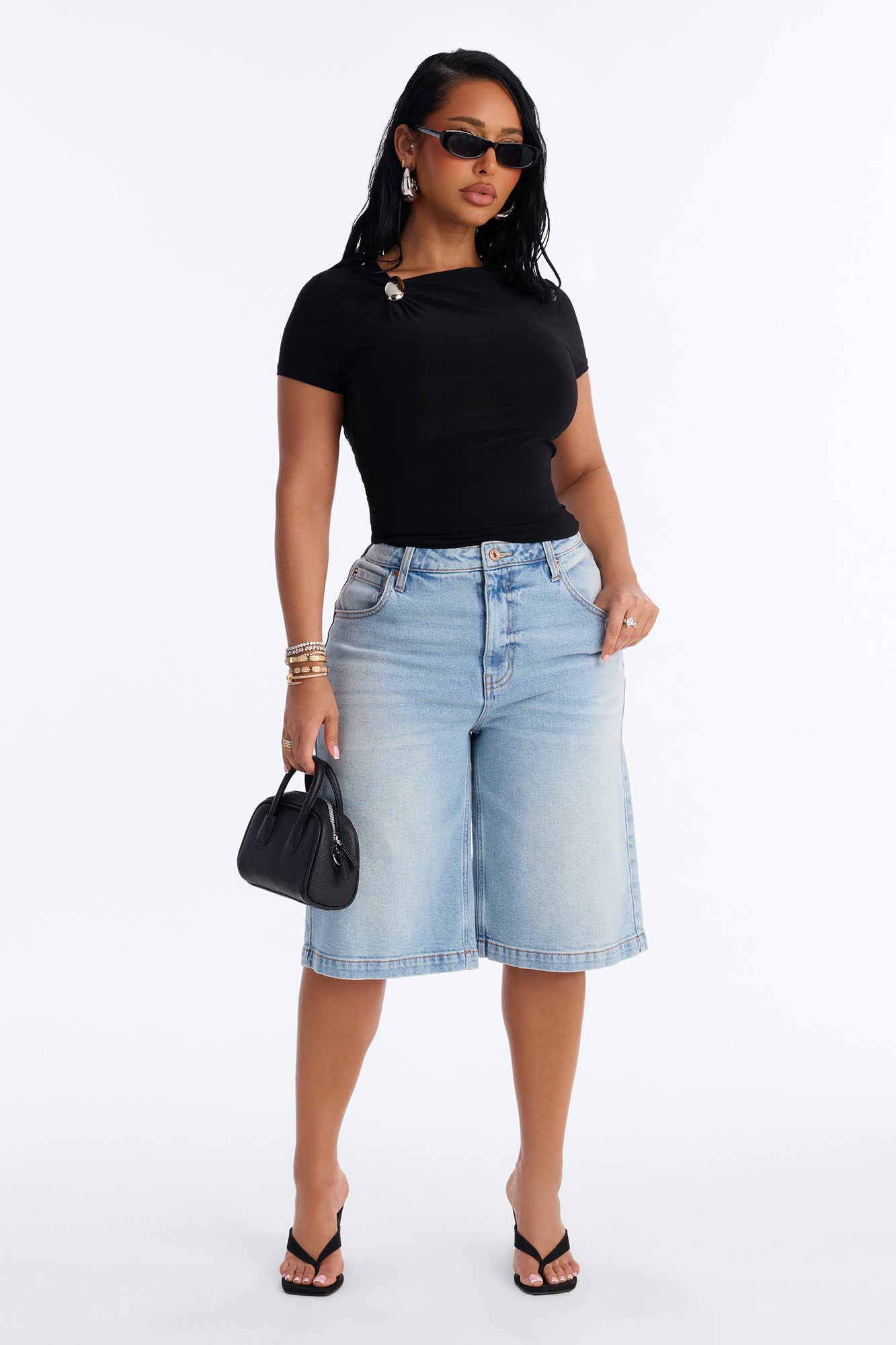 Lexi Hardware Asymmetrical Neck Short Sleeve Top - Black