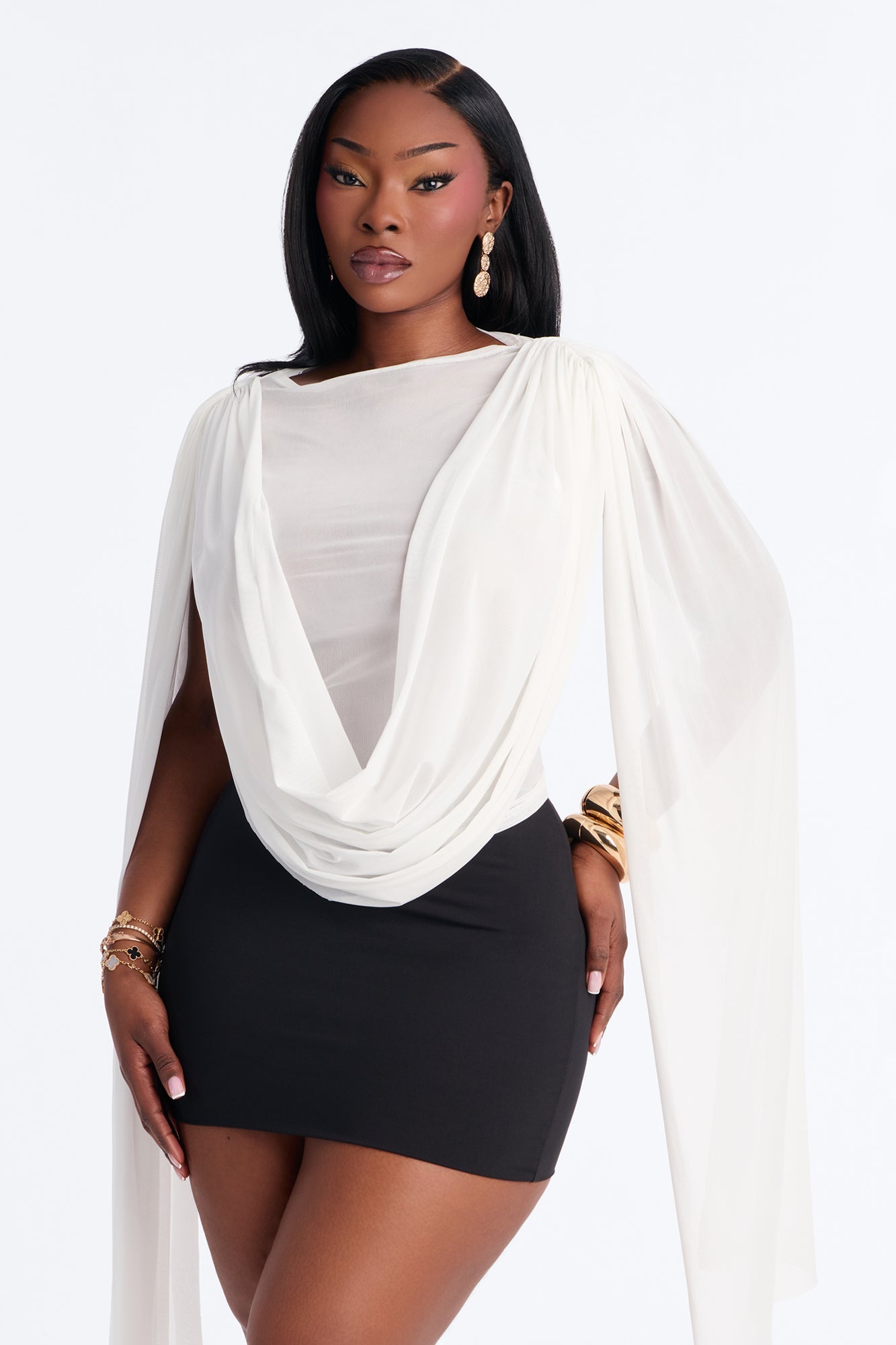 Ethereal Energy Mesh Mock Neck Drape Top - White