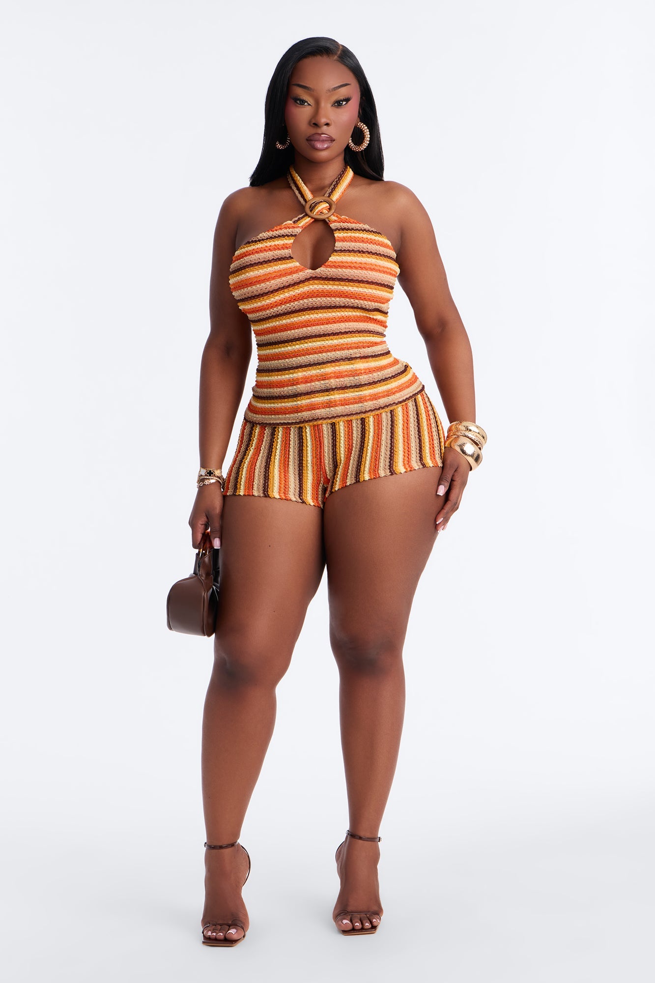 Sienna Striped Cut Out Crochet Halter Top - Orange