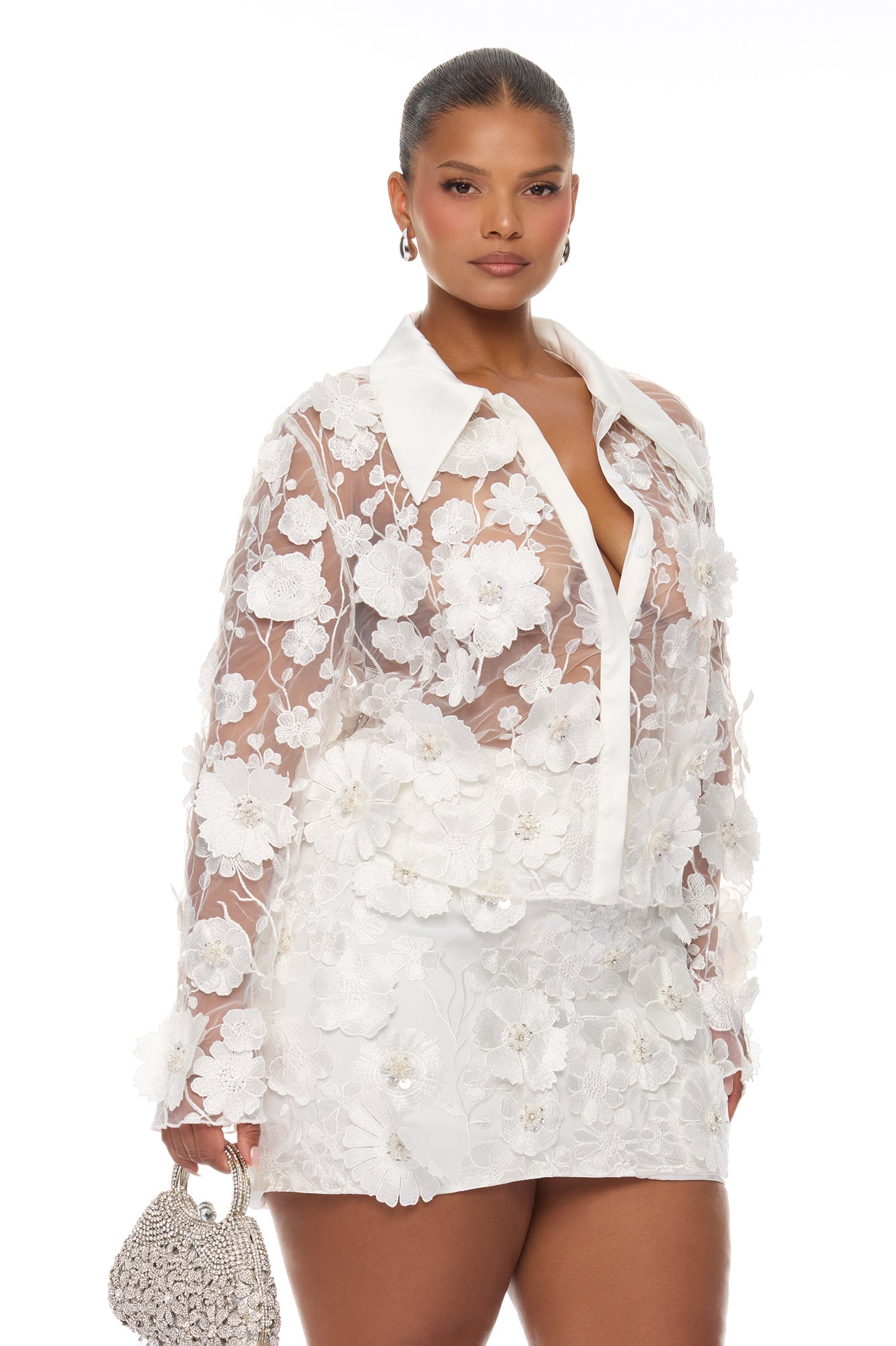 Flower Fields Embroidered Skirt Set - White