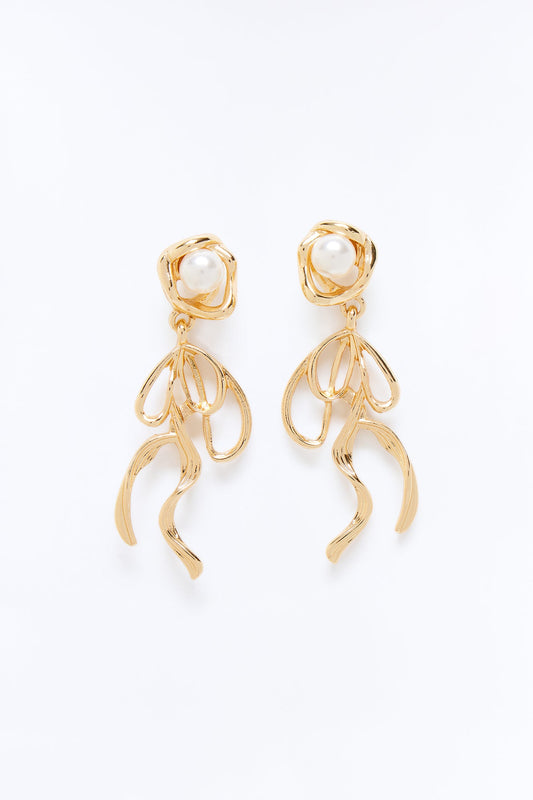 Pearl Ribbon Earrings - Gold