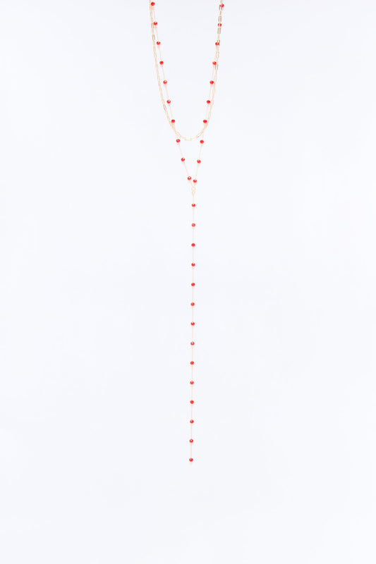 Iris Beaded Lariat Necklace - Gold/Red