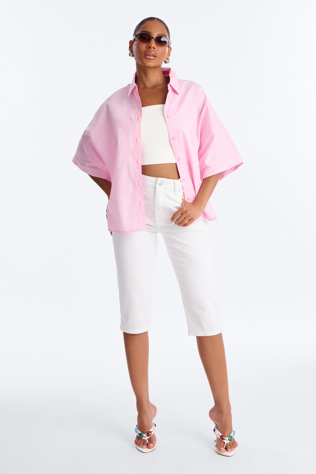 Sancie Oversized Poplin Button Up Shirt - Pink
