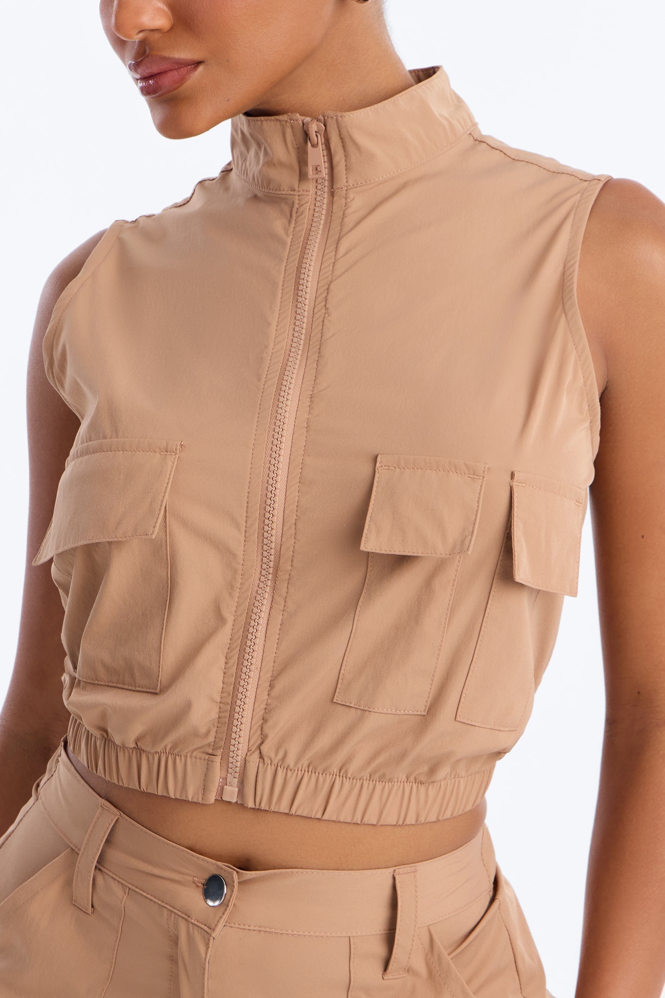 Nessa Nylon Cargo Sleeveless Vest Pant Set - Tan