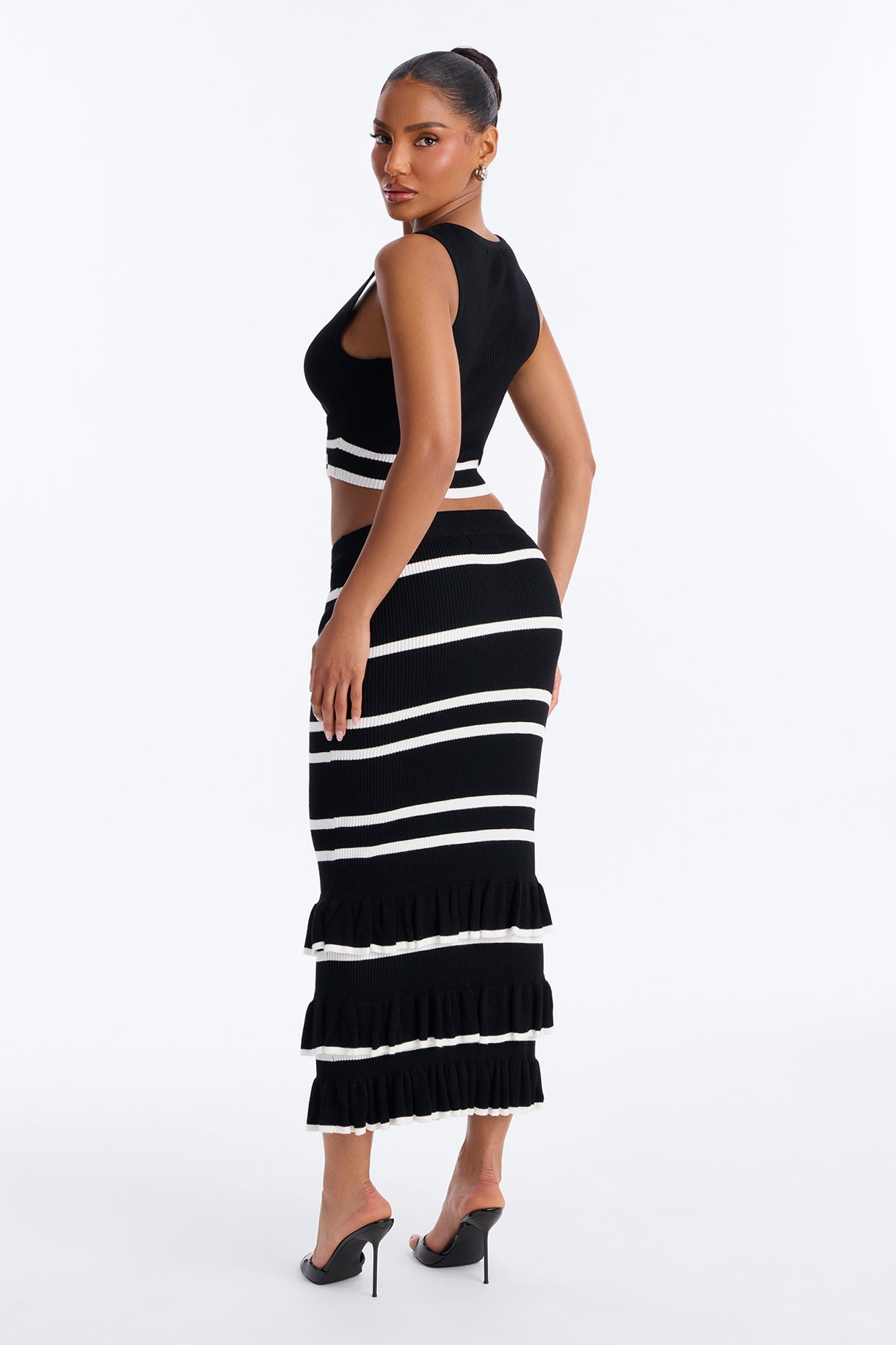 Renee Striped Sweater Ruffle Maxi Skirt Set - Black