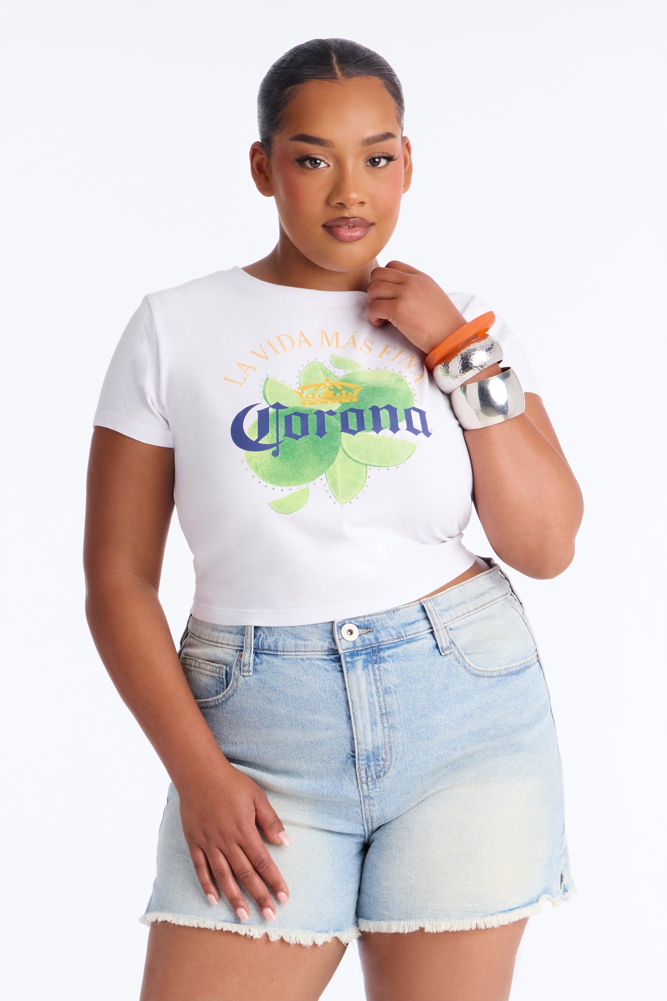 Corona Collection Rhinestone Baby Tee - White