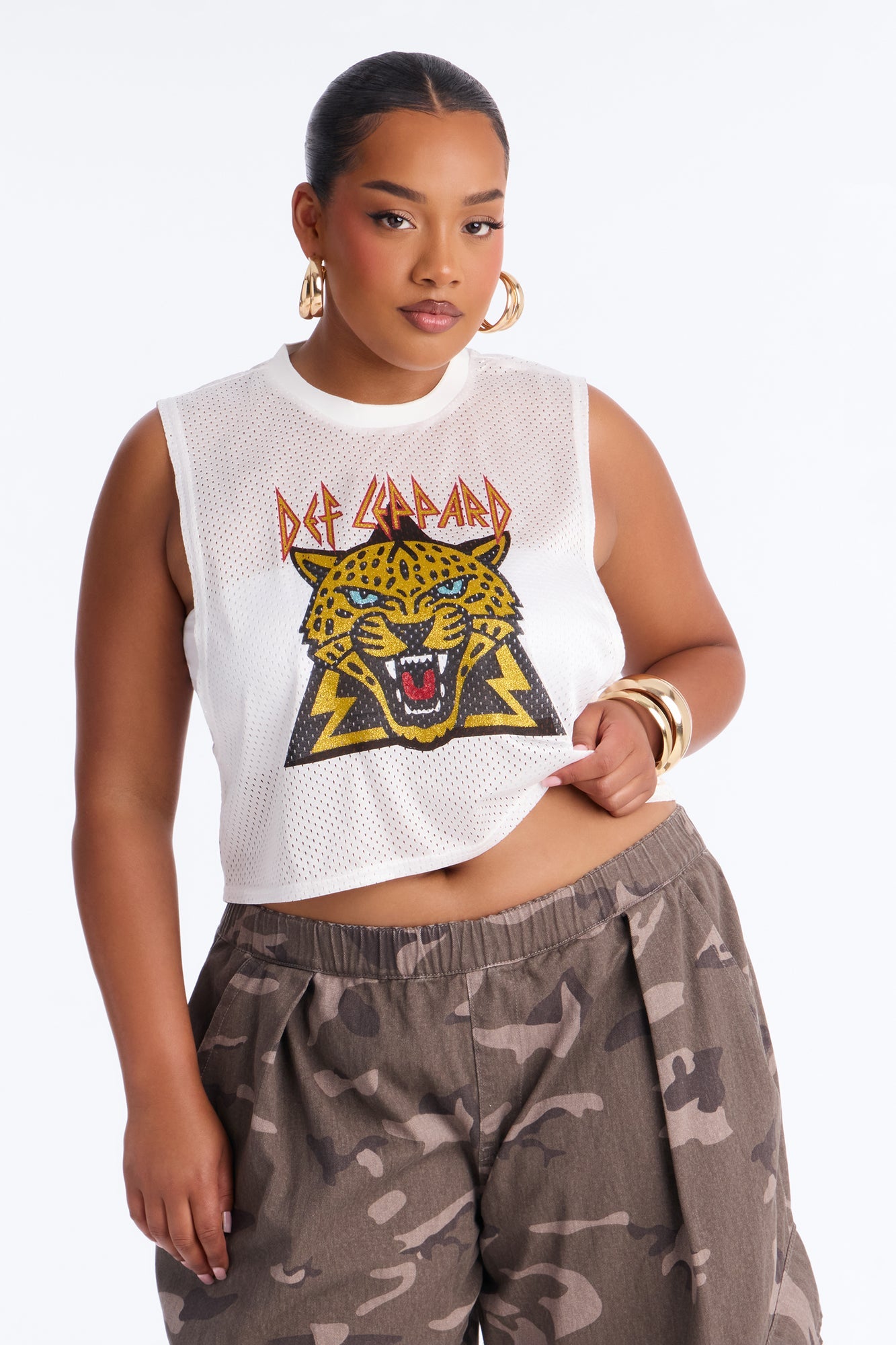 Def Leppard Mesh Cropped Muscle Tee - White