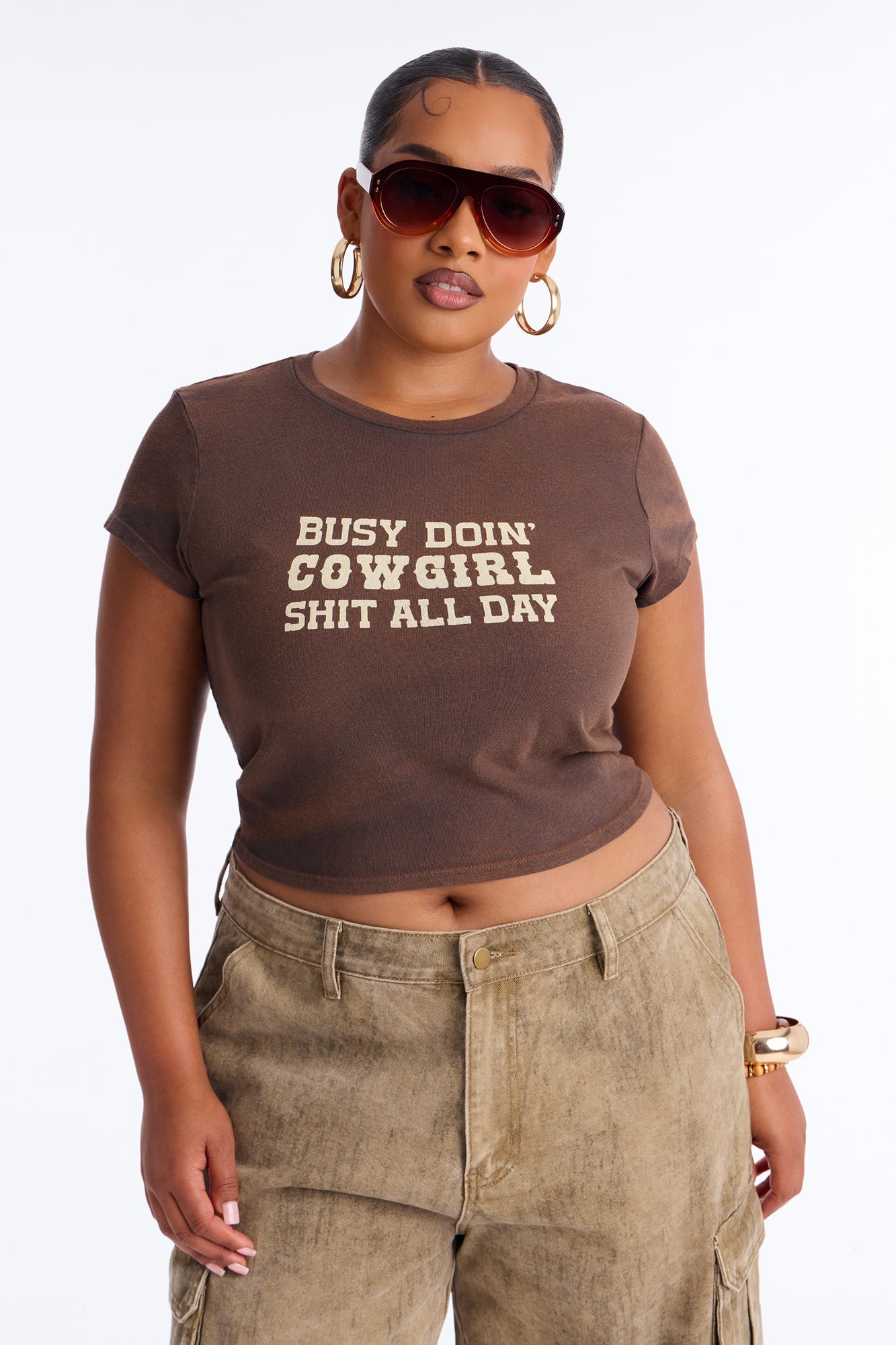 Cowgirl Shit All Day Washed Baby Tee - Brown