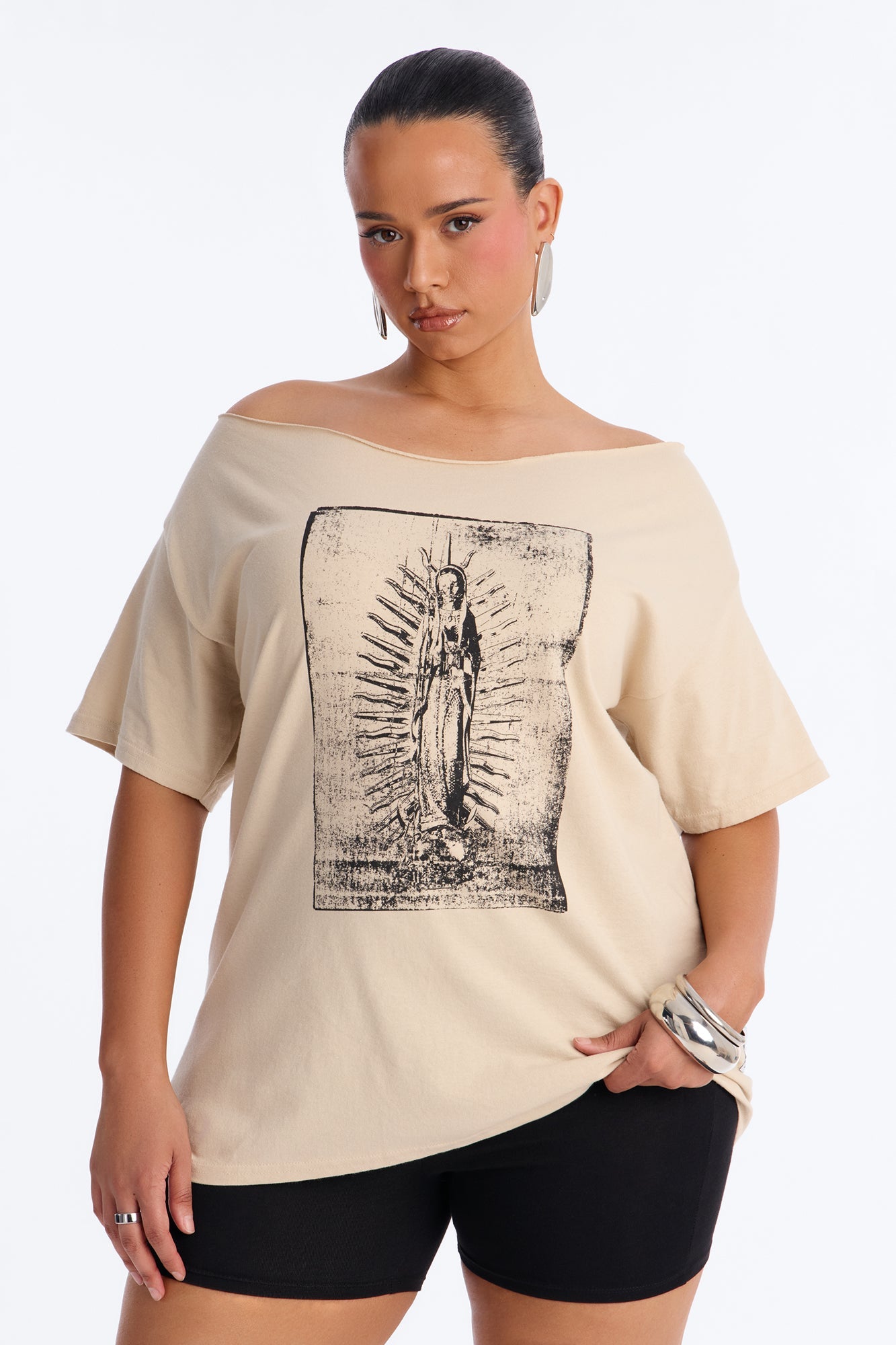 La Familia Forever Virgin Mary Off Shoulder Top - Sand