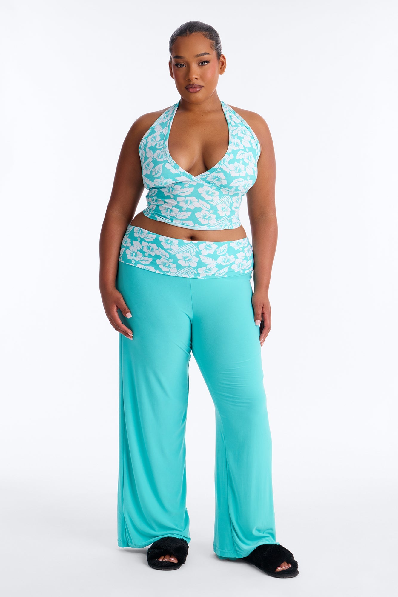 Tropical Beauty Foldover PJ Pant Set - Turquoise/combo