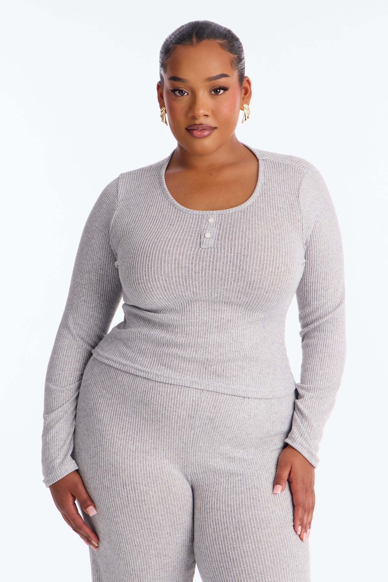 Slumber Haven Ribbed Long Sleeve PJ Pant Set - Heather Grey