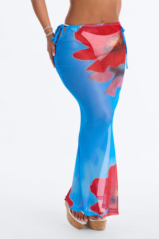 Blue Lagoon Floral Mesh Cover Up Skirt - Blue/combo