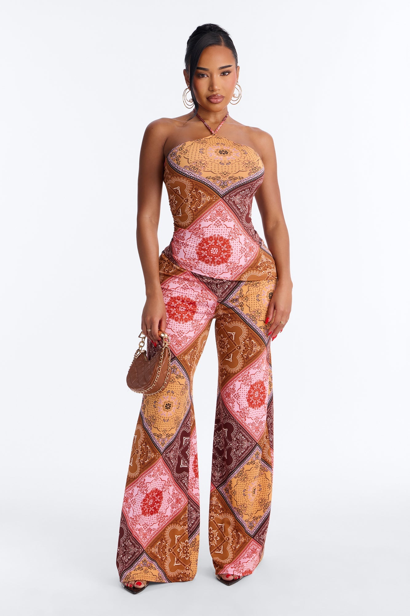 Heather Bandana Print Halter Pant Set - Pink/combo