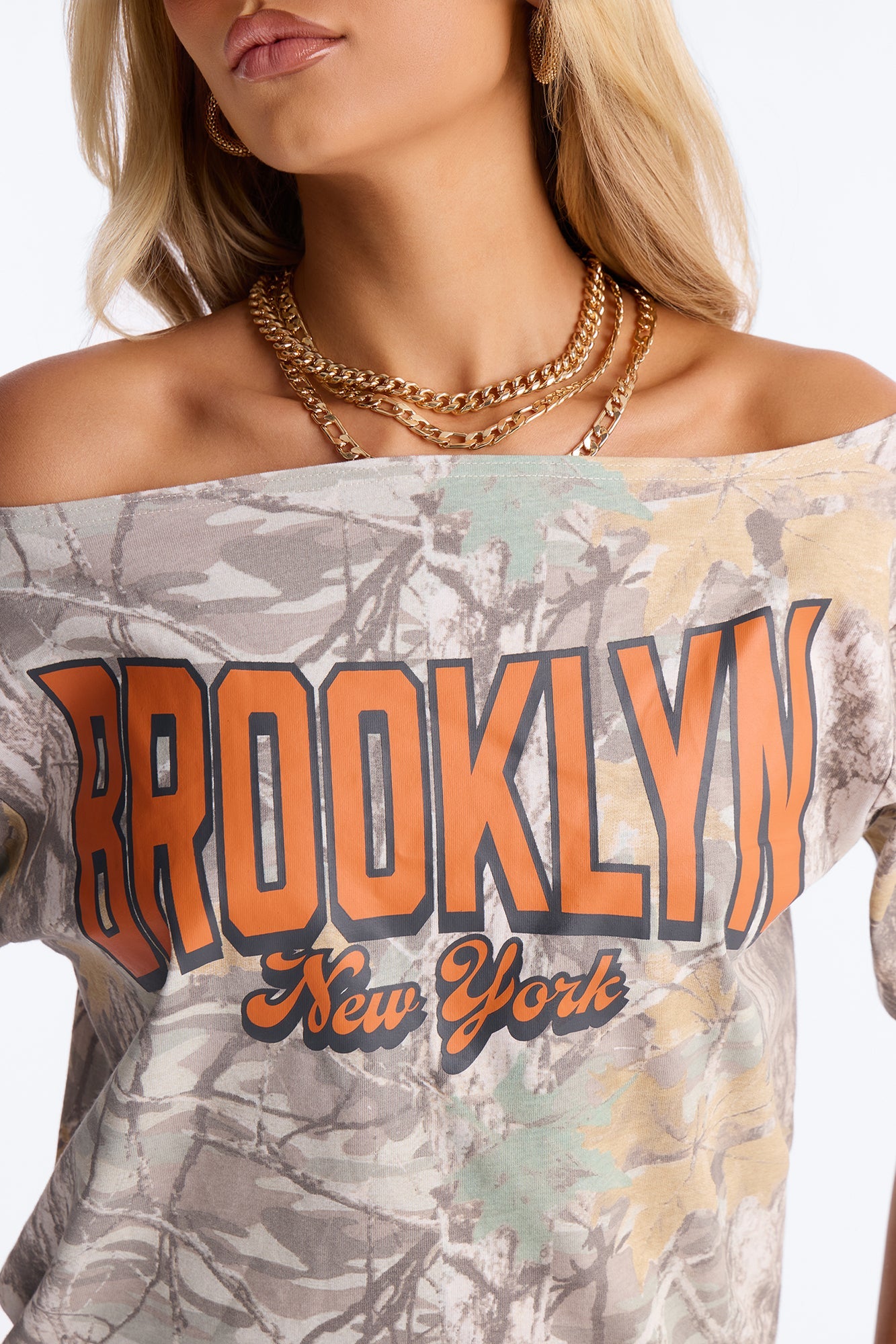 Brooklyn Camo Off Shoulder Tee - Camouflage