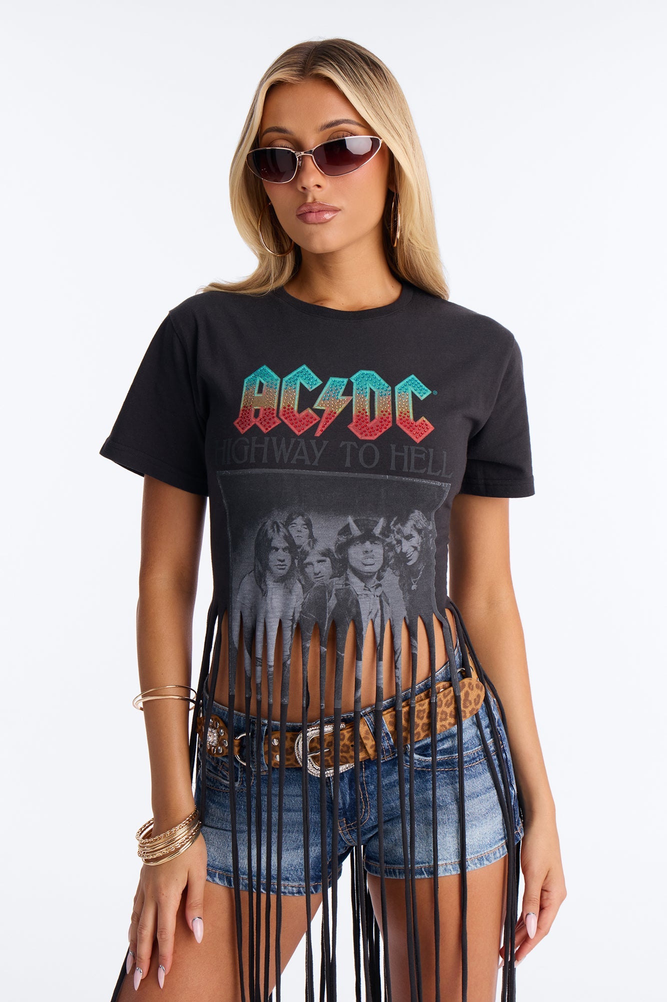 ACDC Highway To Hell Fringe Rhinestone Tee - Black