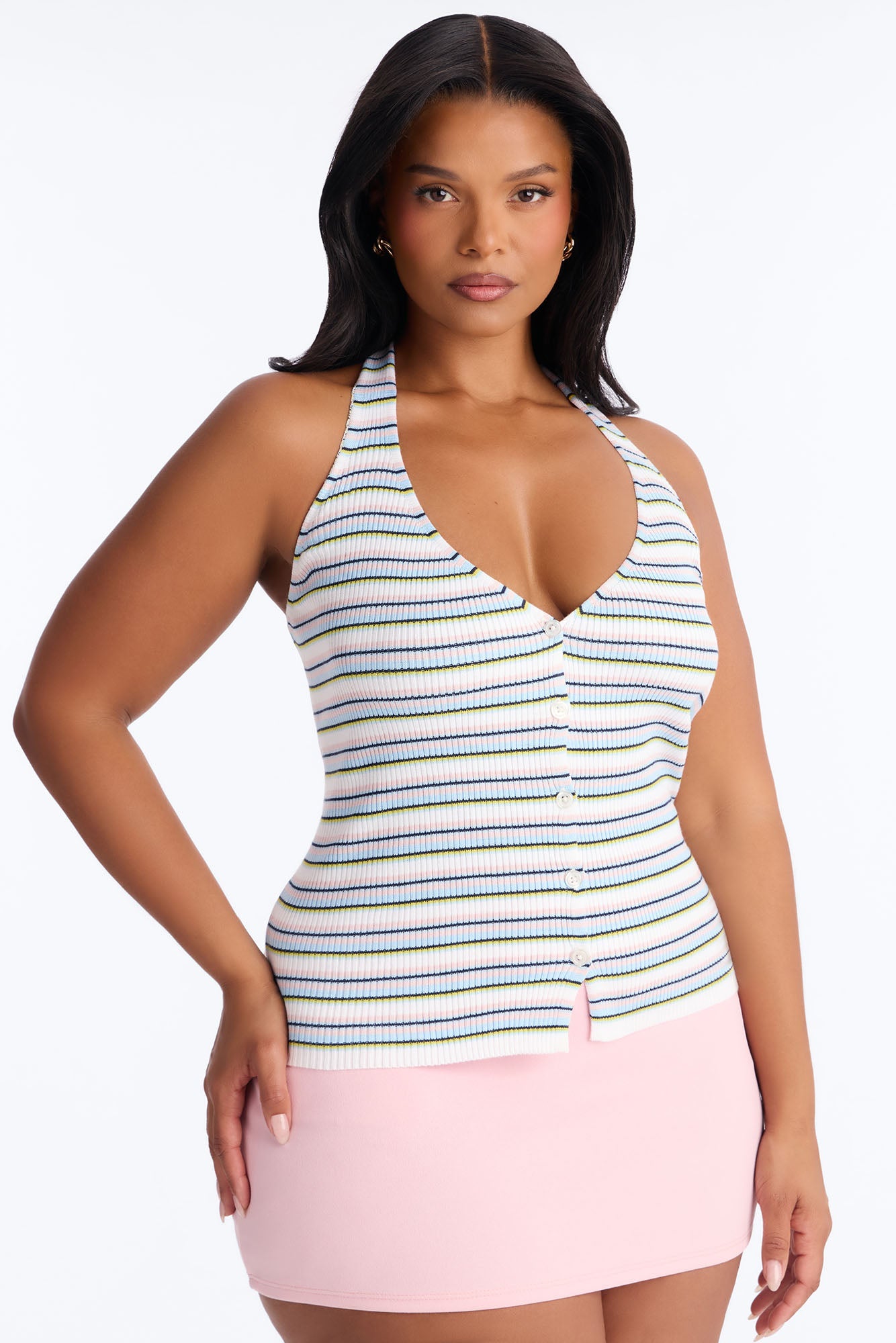 Belle Striped Sweater Halter Top - Ivory/combo