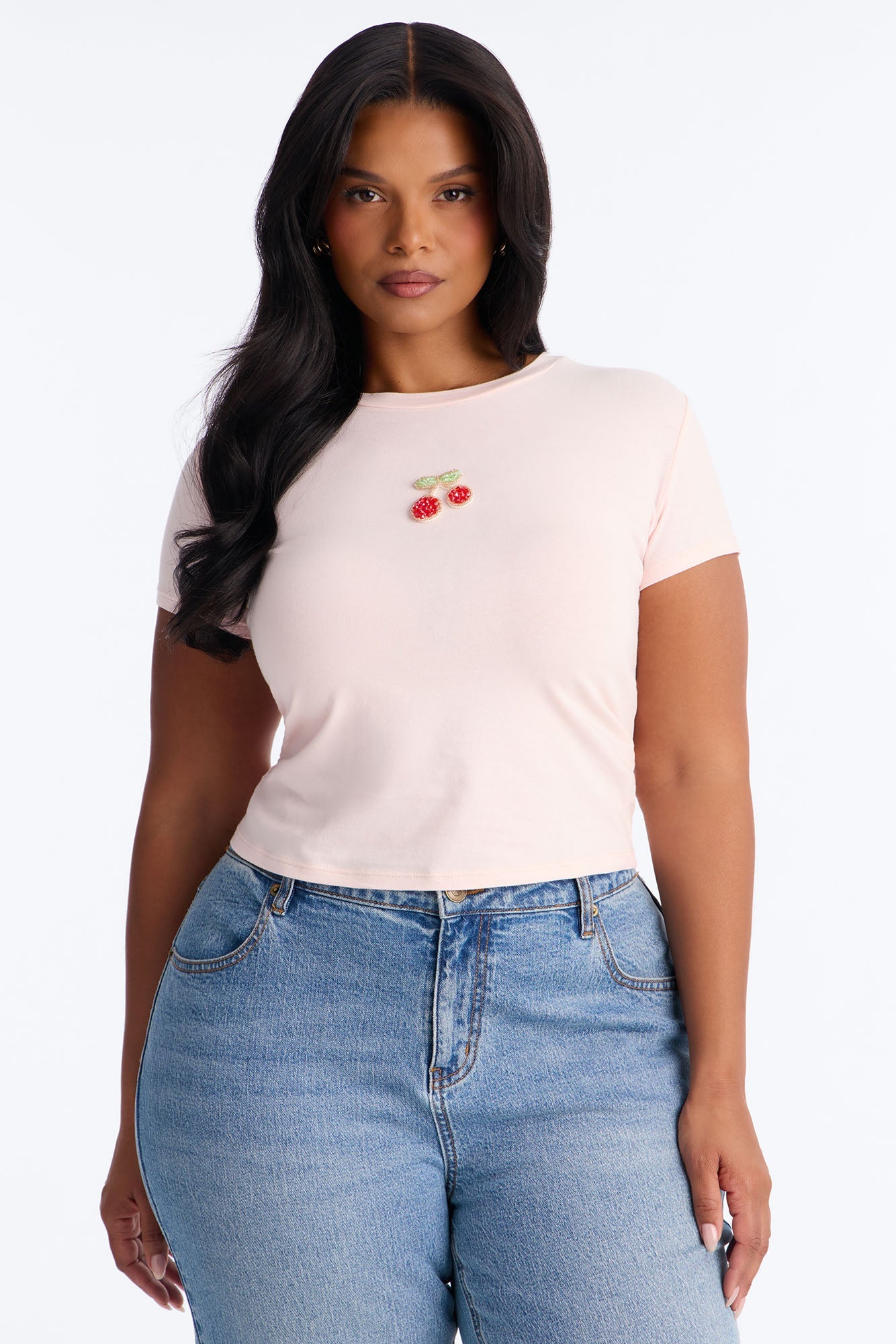 Cherry Embellished Baby Tee - Light Pink