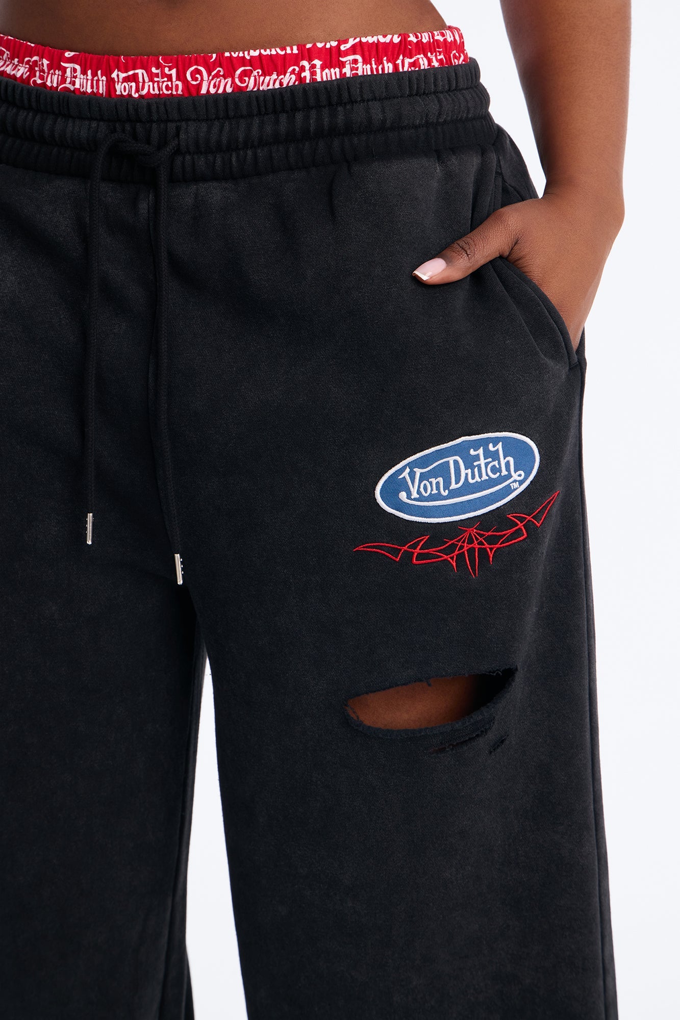 Von Dutch Waistband Washed Wide Leg Pant - Black Wash