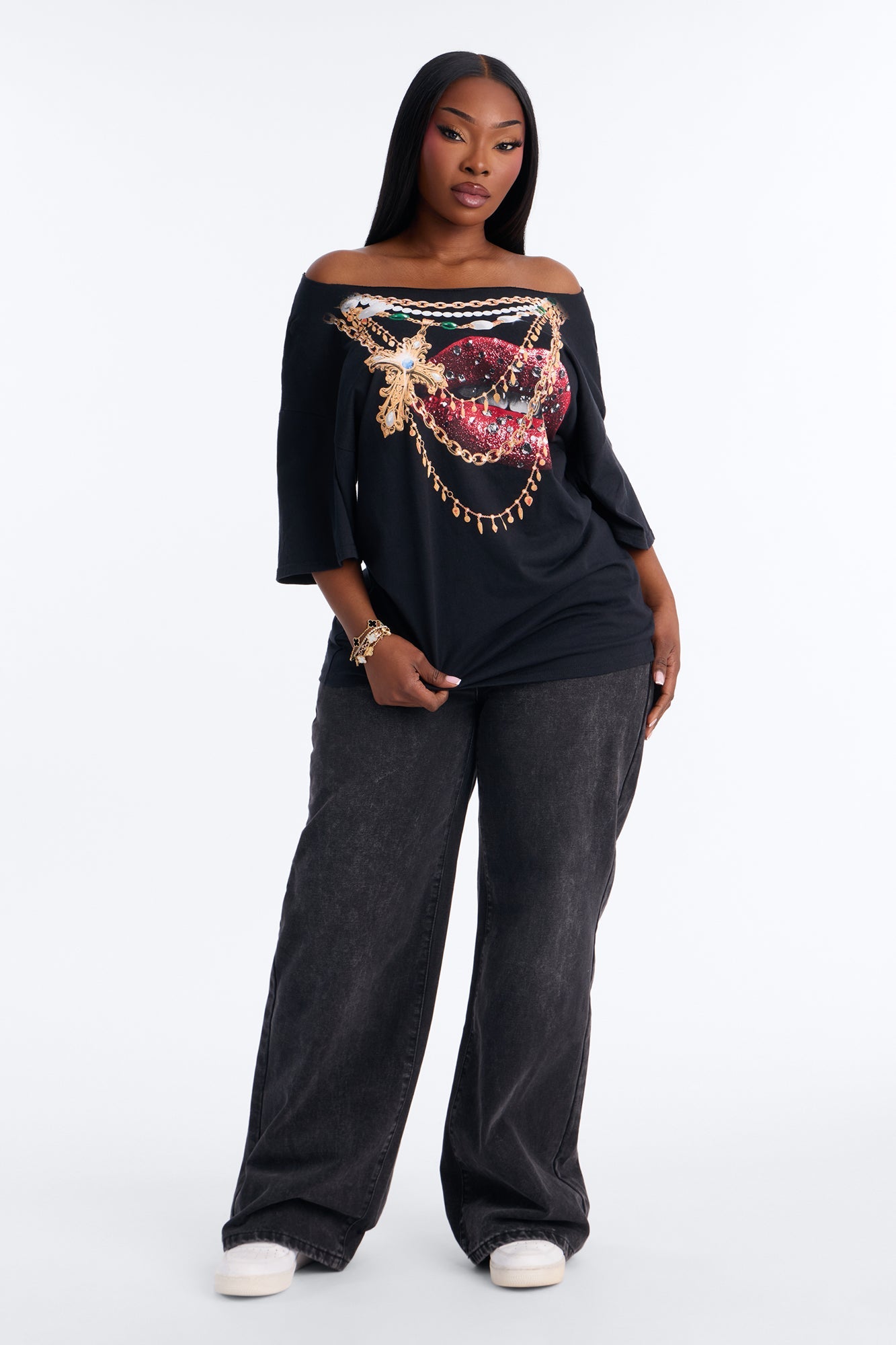 Gold Lips Off Shoulder Tee - Black
