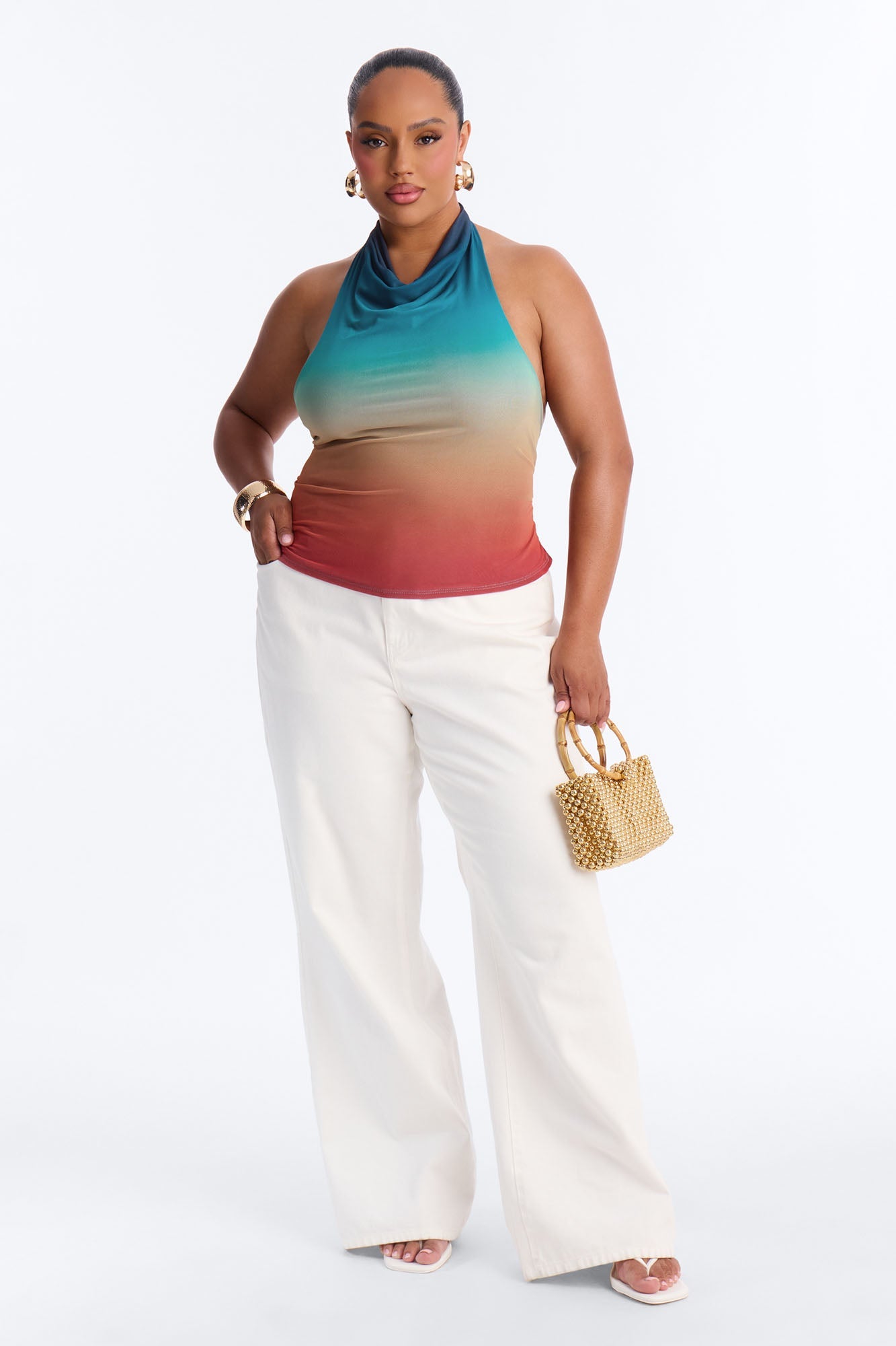 Sunkissed Ombre Mesh Cowl Neck Halter Top - Multi Color