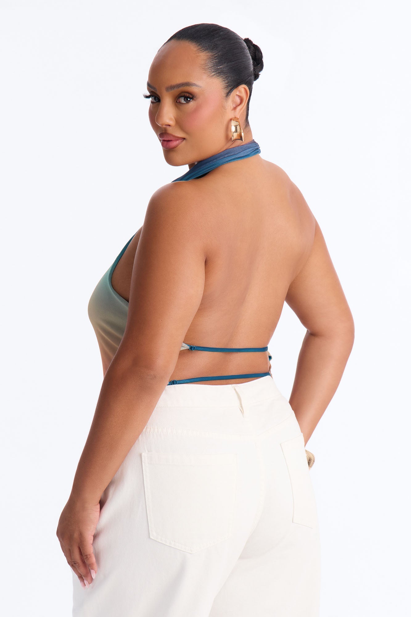 Sunkissed Ombre Mesh Cowl Neck Halter Top - Multi Color