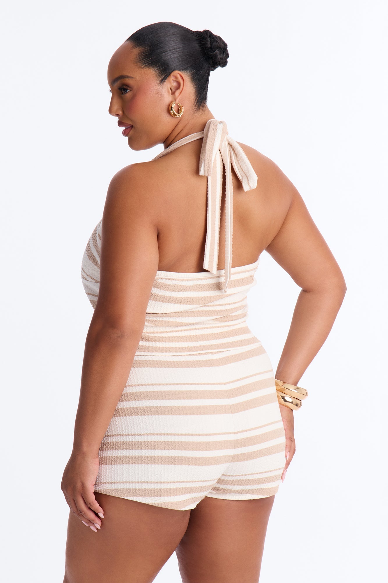 Ayla Textured Stripe Micro Short Set - Tan