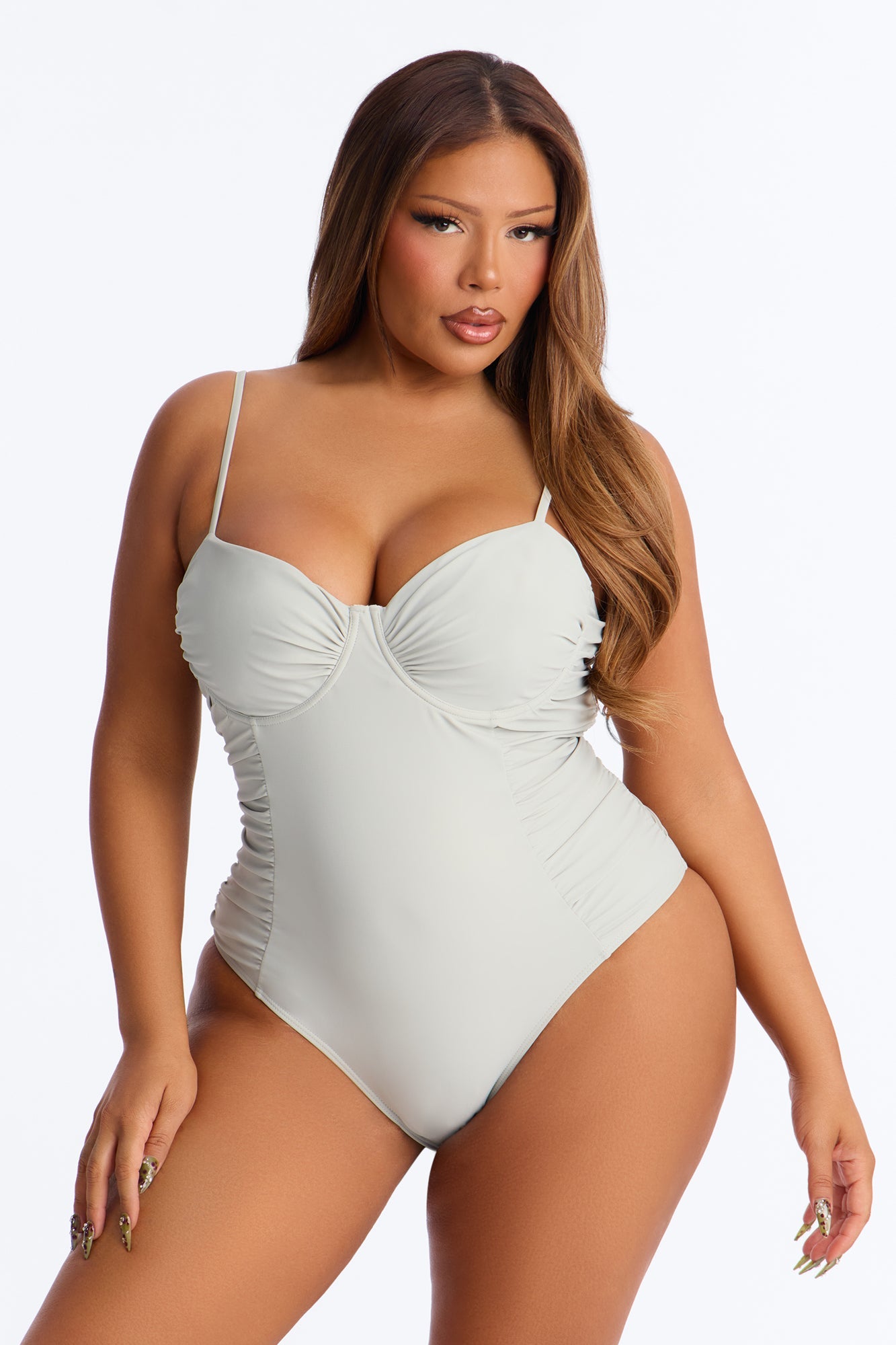 Sunsets In Aruba Underwire Ruched 1 Piece Swimsuit - Sage