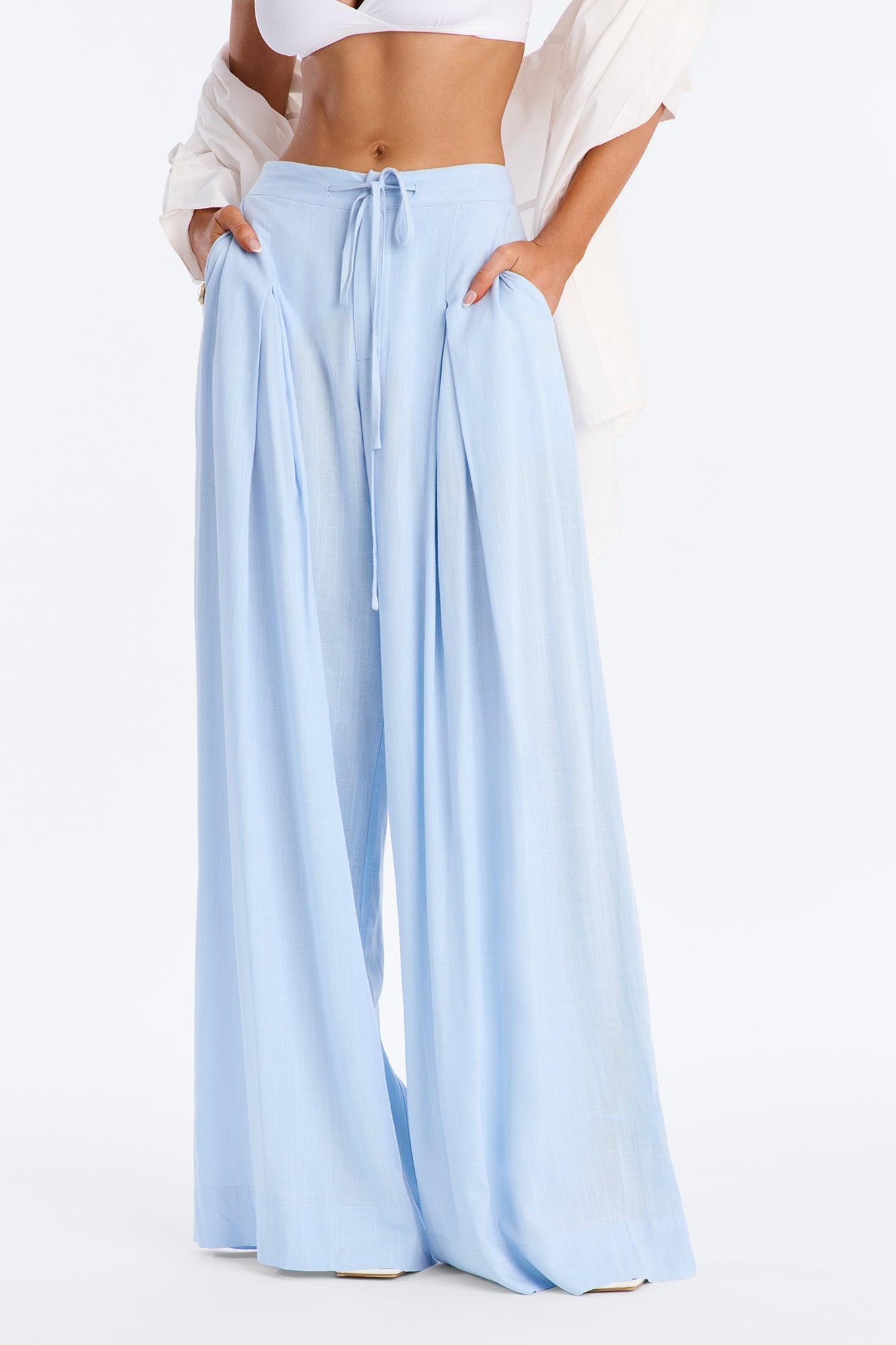 Karianna Linen Blend Wide Leg Pant - Light Blue