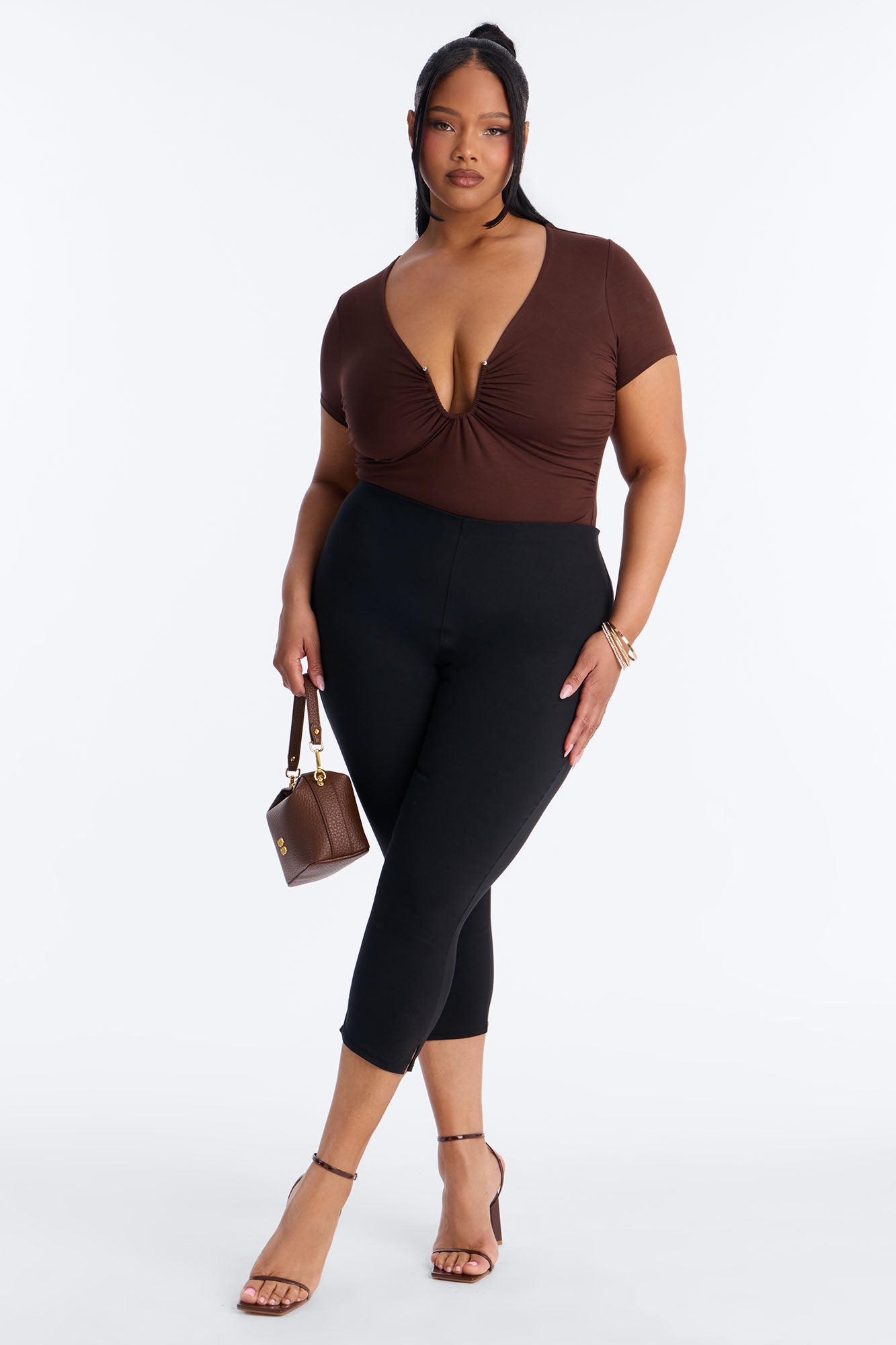 Danielle Deep V Neck Short Sleeve Bodysuit - Brown