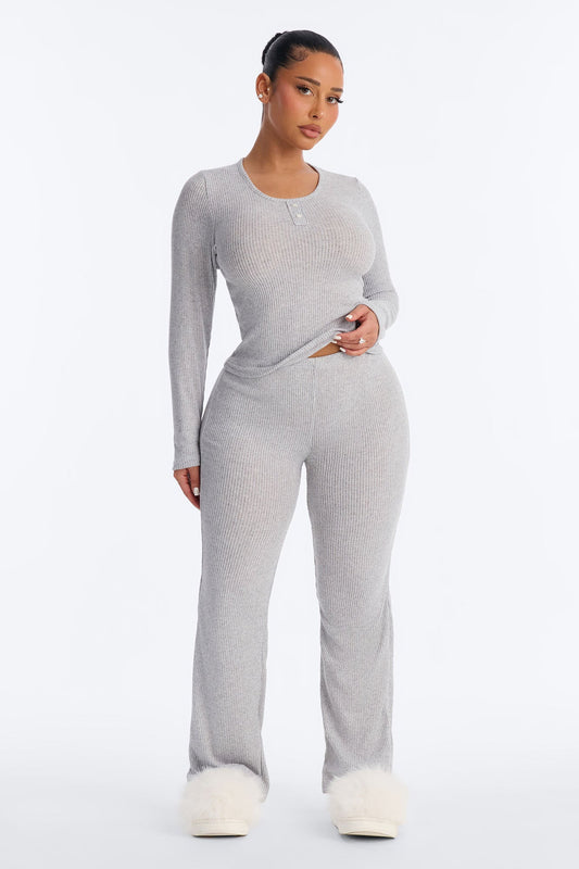 Slumber Haven Ribbed Long Sleeve PJ Pant Set - Heather Grey