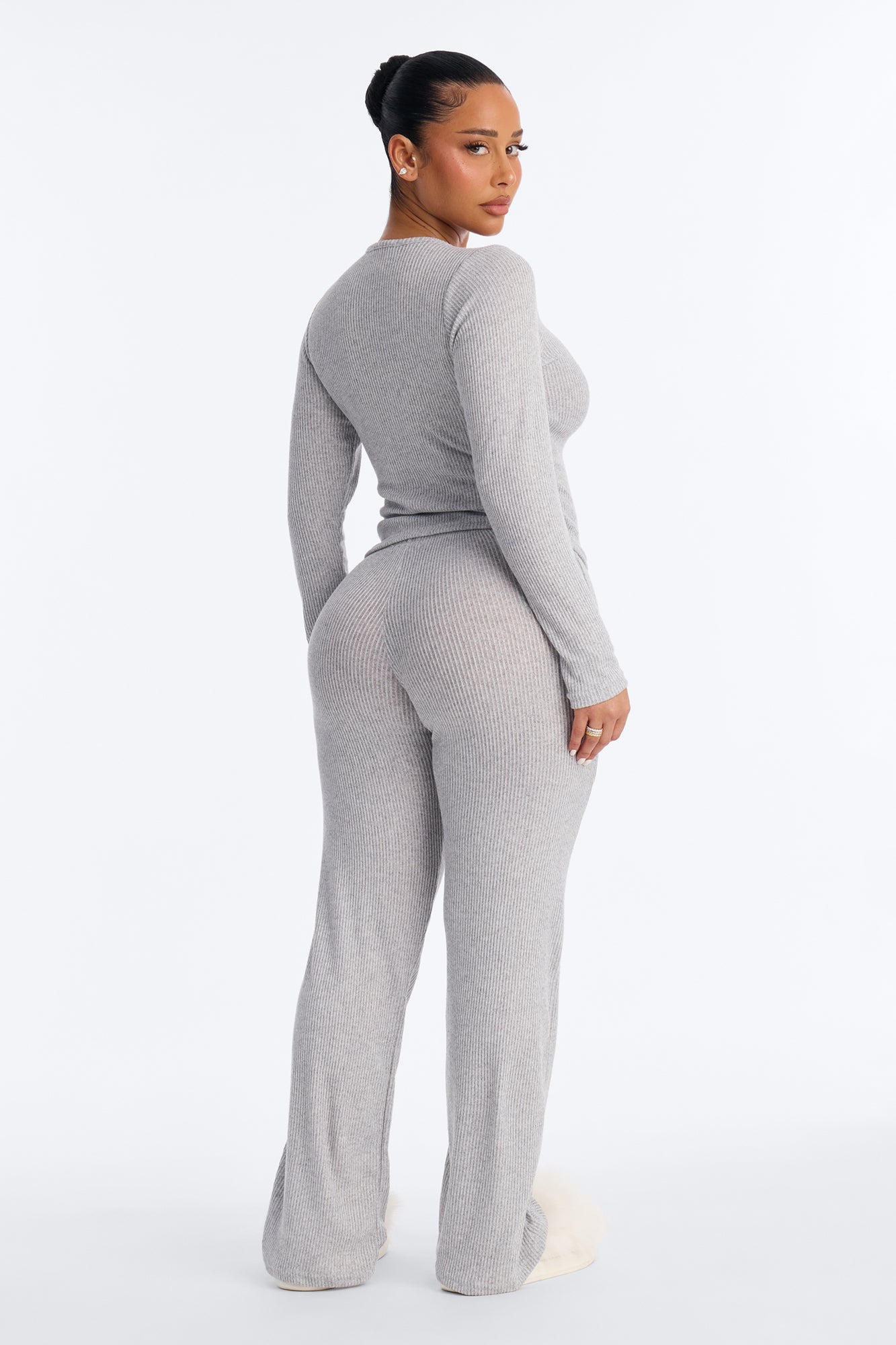 Slumber Haven Ribbed Long Sleeve PJ Pant Set - Heather Grey