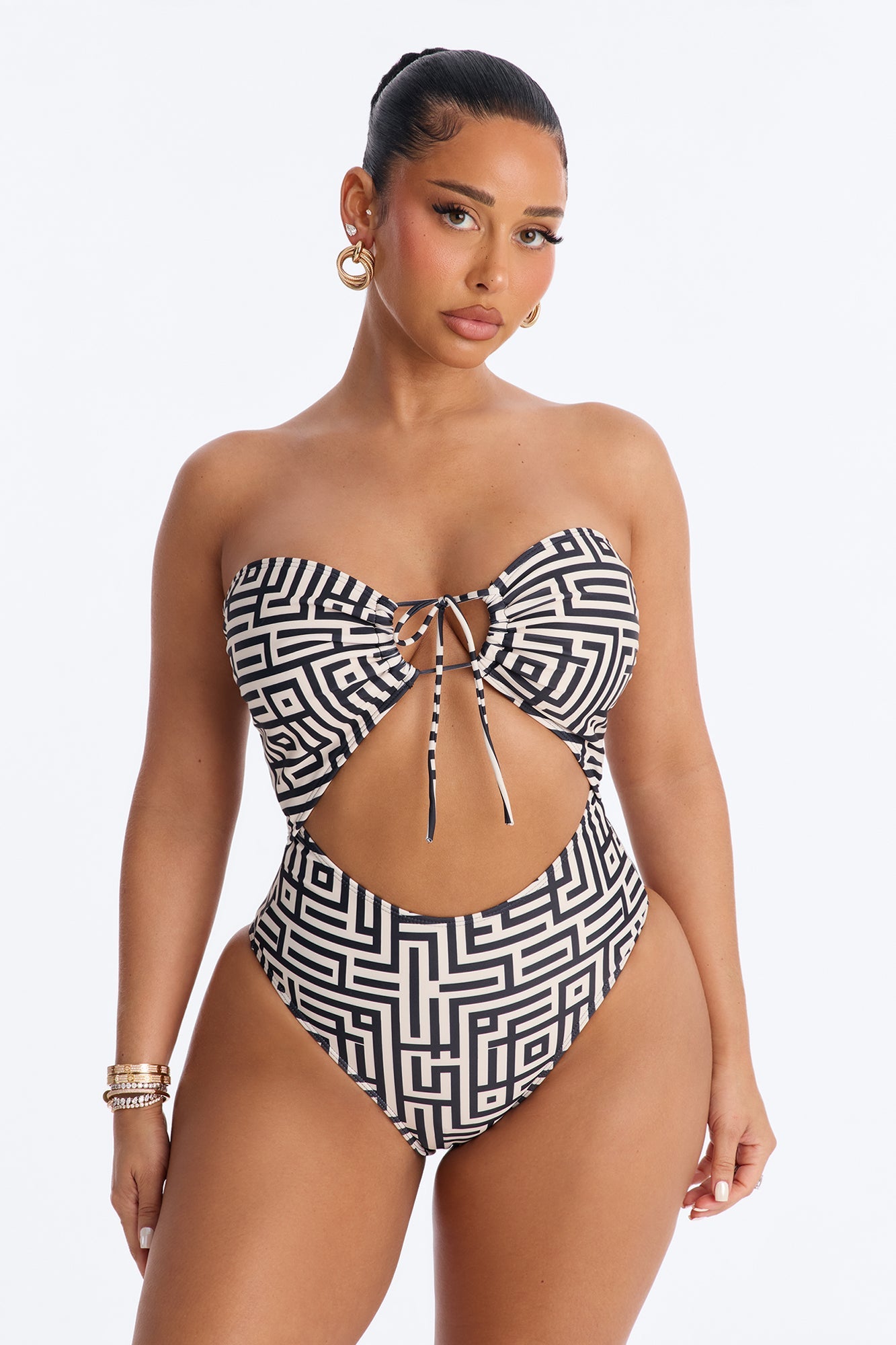 Frida 1 Piece Geometric Print Strapless Swimsuit & Cover Up Mini Skirt - Black/White