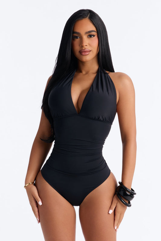 Second Skin 1 Piece Ruched Plunge Halter Swimsuit - Black