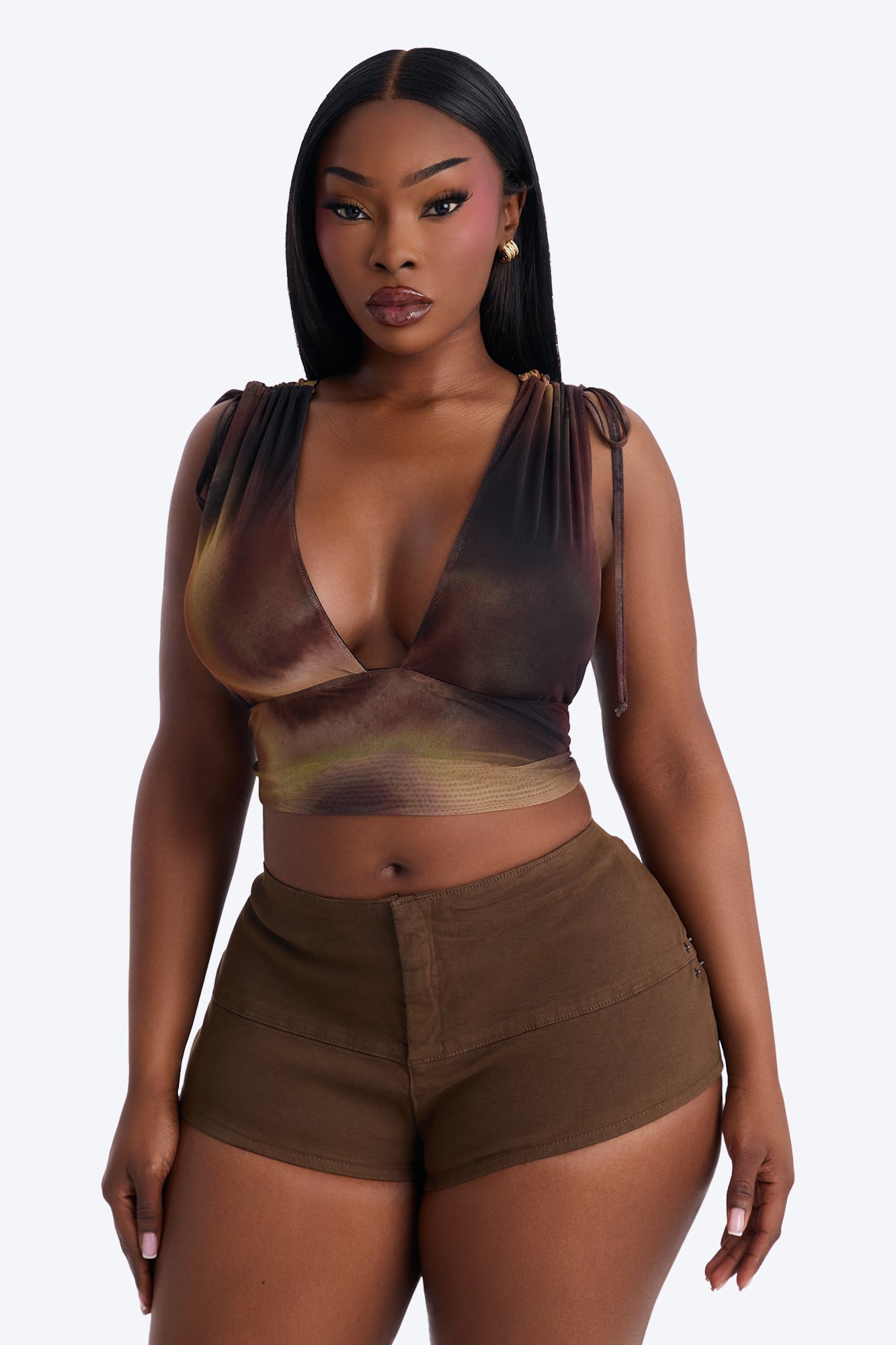Lori Deep V-Neck Mesh Cropped Top - Brown/combo