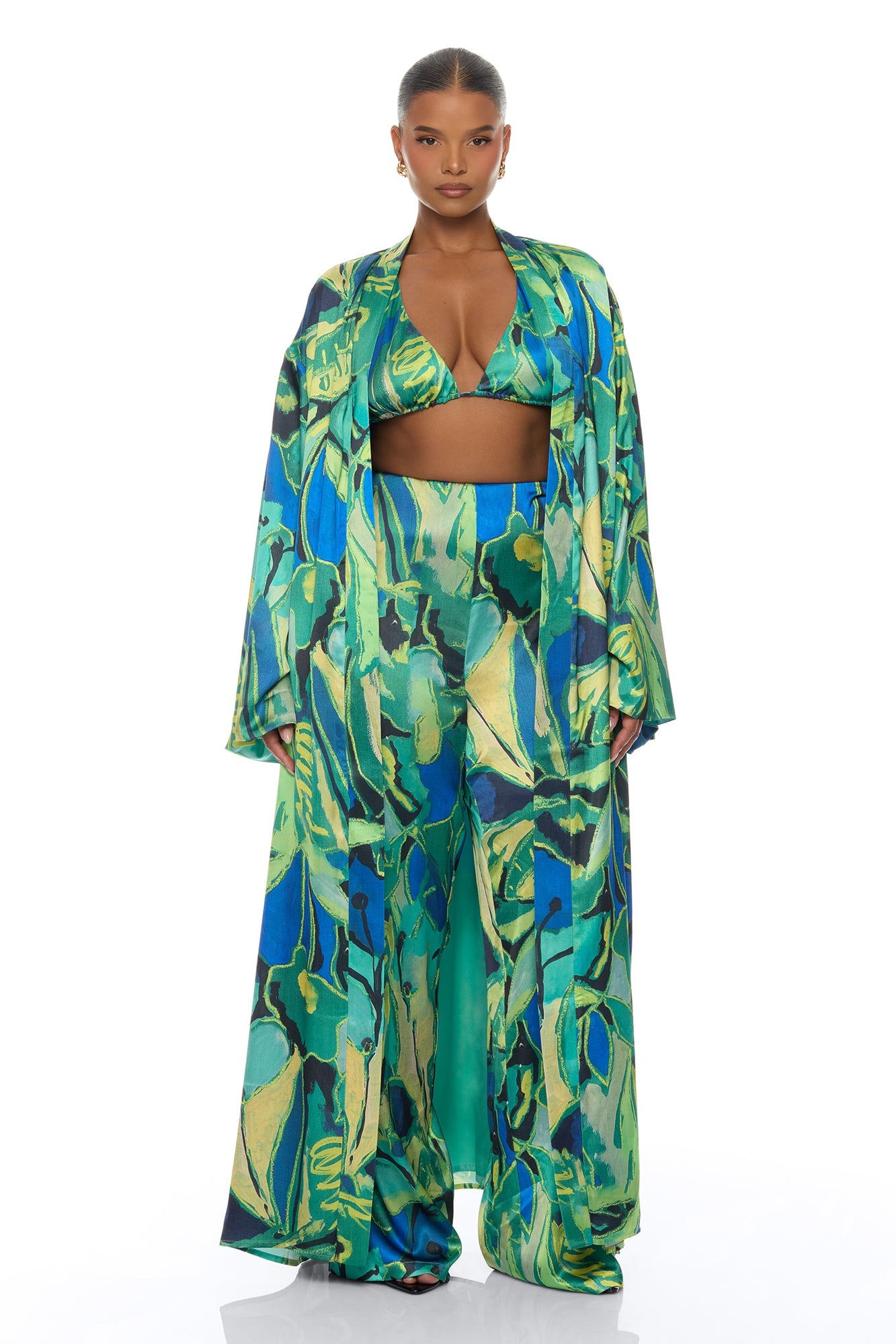 Pure Luxury 3 Piece Satin Kimono Set - Green/combo