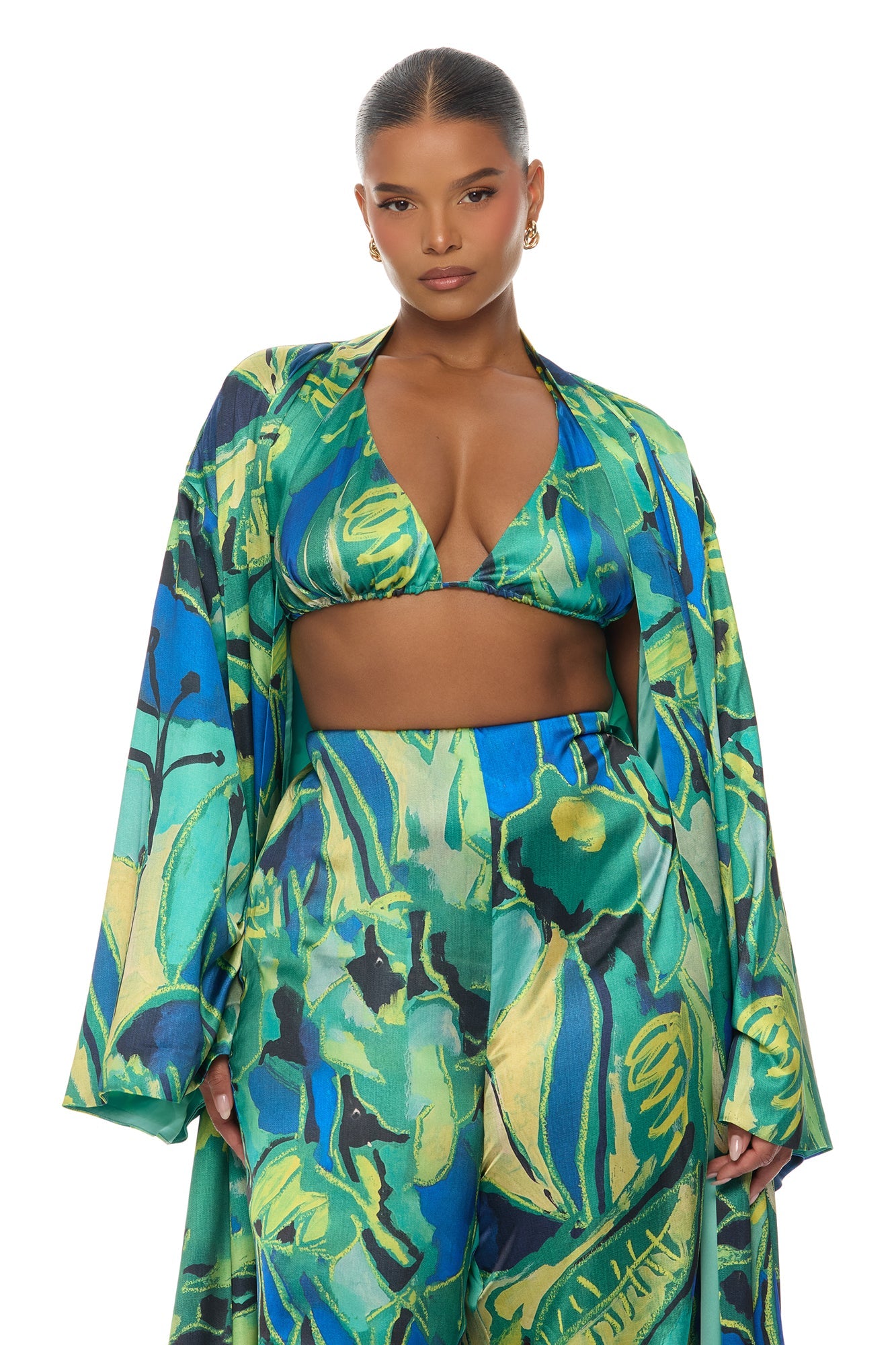 Pure Luxury 3 Piece Satin Kimono Set - Green/combo