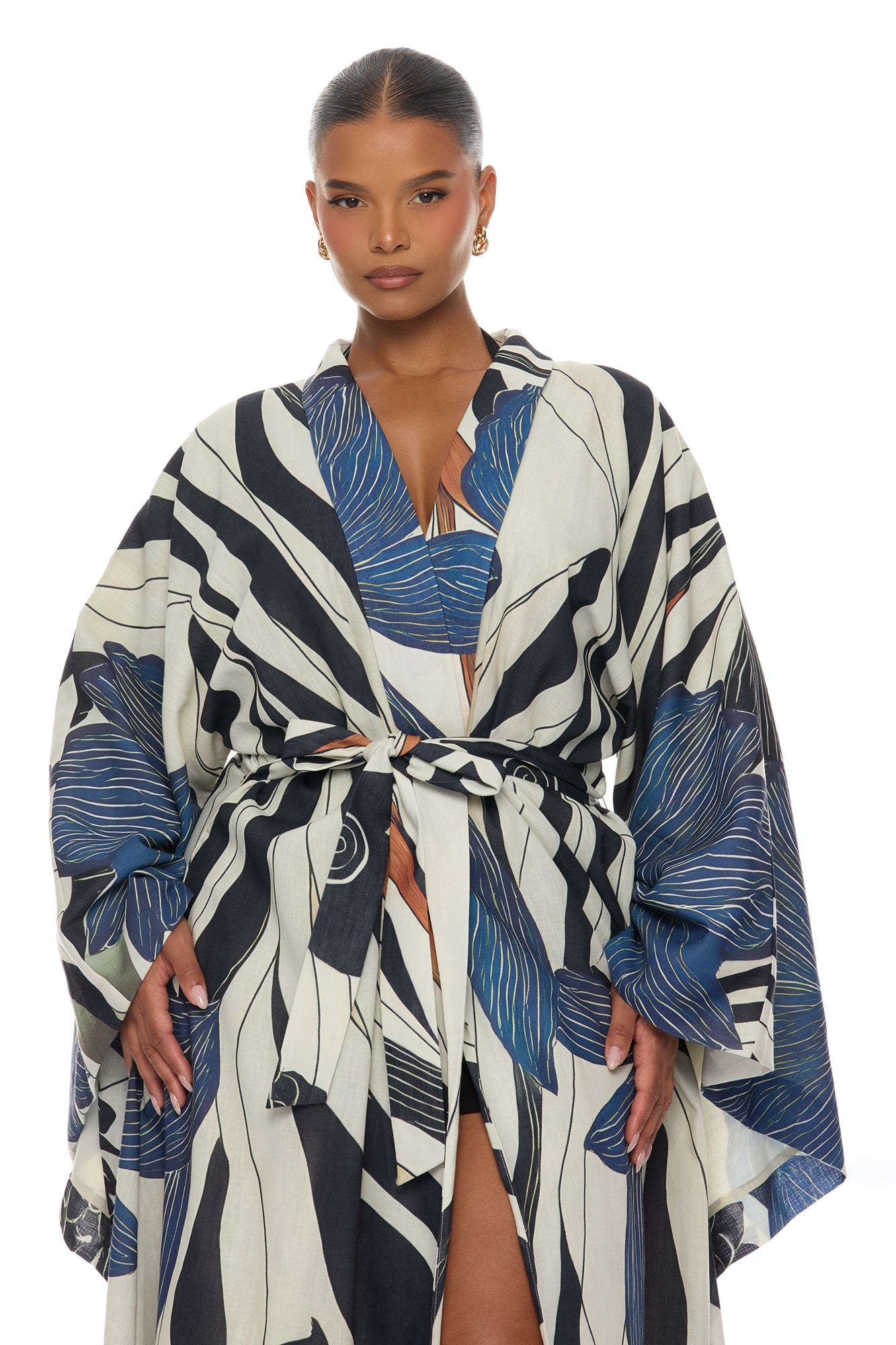 Daniella Bell Sleeve Linen Kimono - Navy/combo