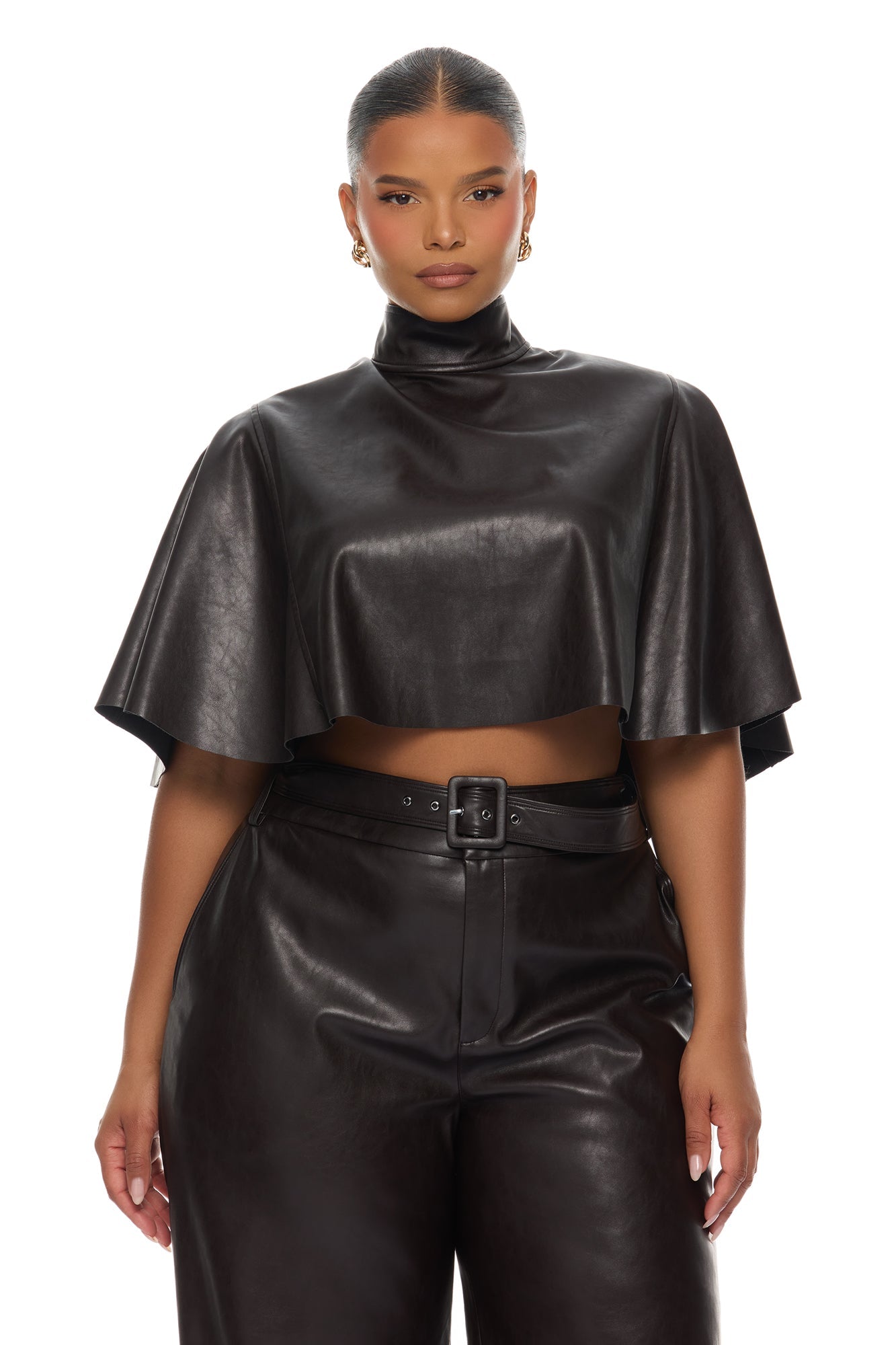 City Streets Faux Leather Balloon Pant Set - Chocolate