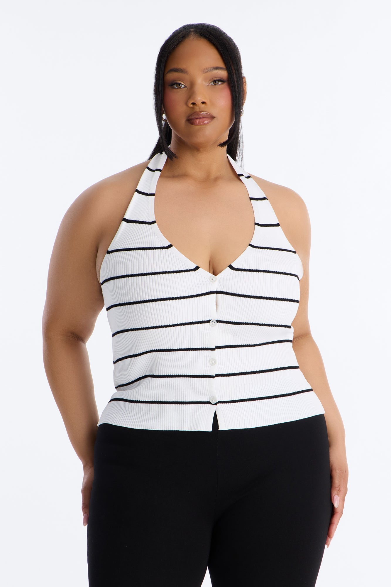 Katrina Striped Ribbed Halter Top - Ivory/combo