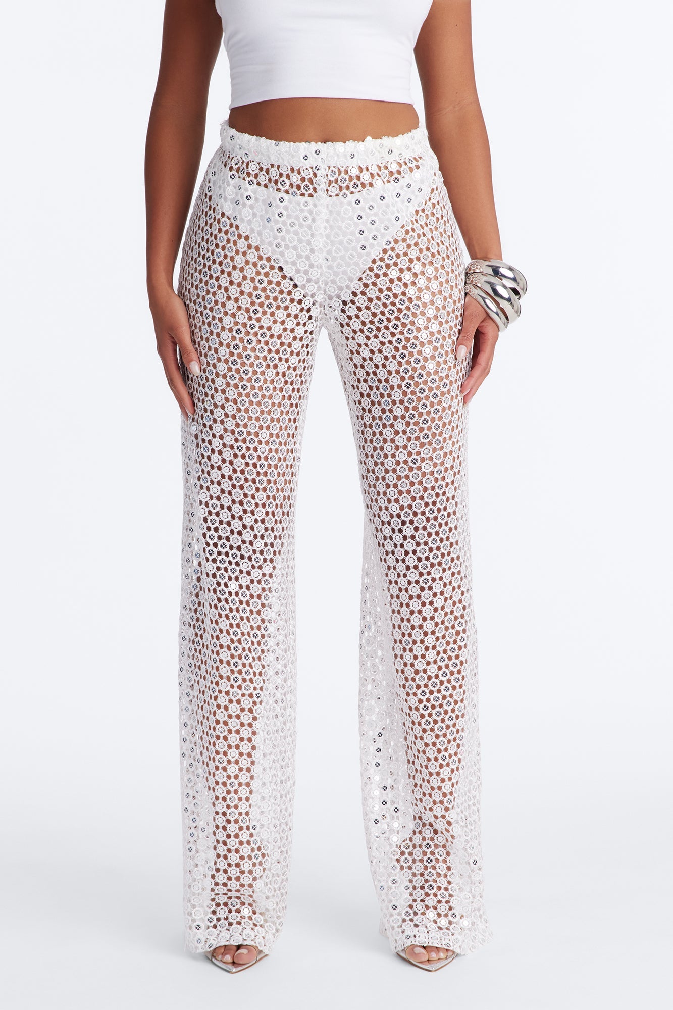 Zuri Low Rise Crochet Sequin Wide Leg Pant - White