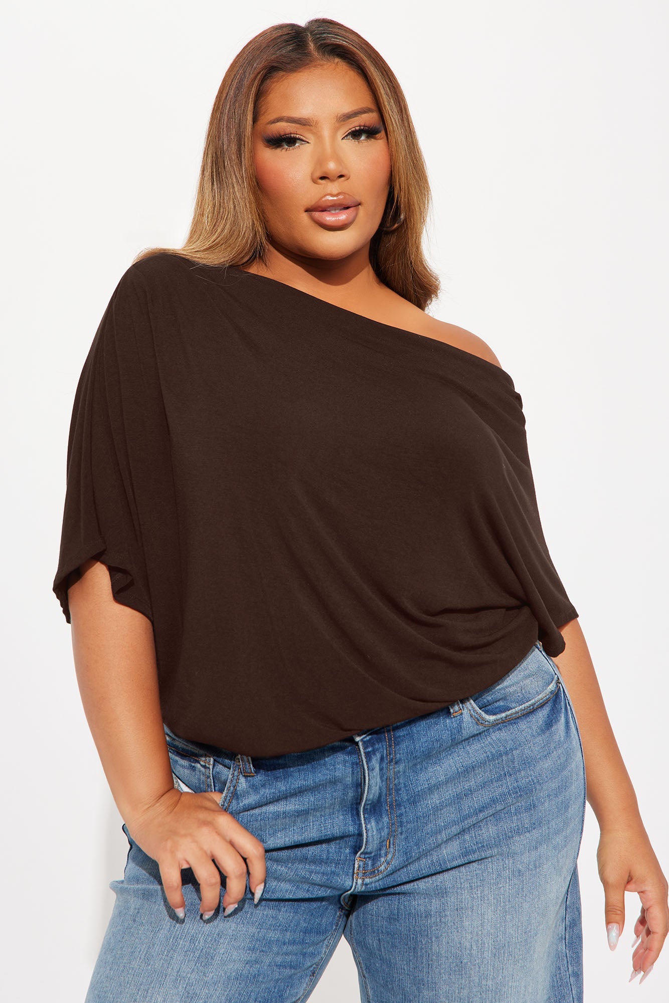 Flatter Me Off Shoulder Bodysuit - Brown
