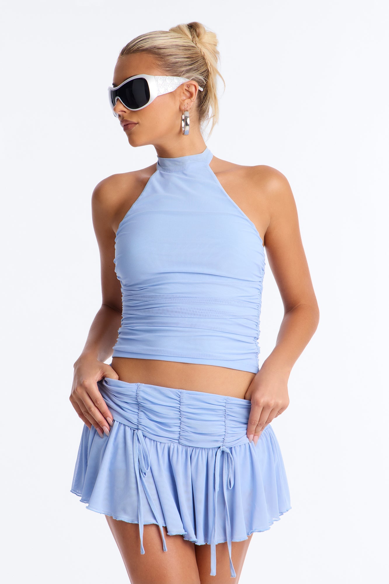 Amaya Mesh Halter Mini Skirt Set - Blue