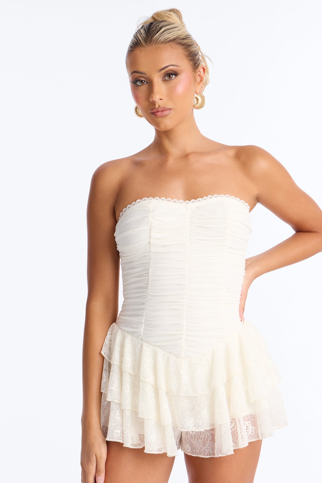 Leana Lace Ruffle Romper - Ivory