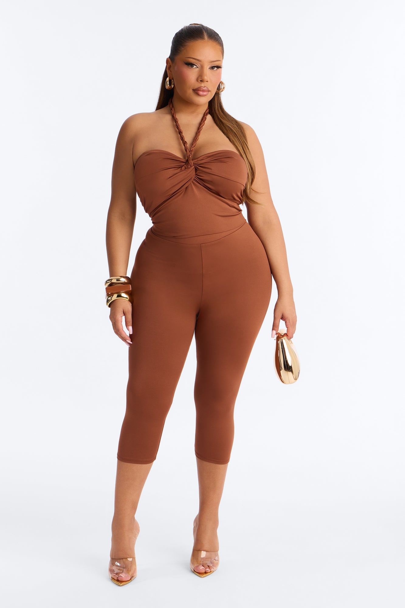Bianca Braided Halter Capri Set - Brown