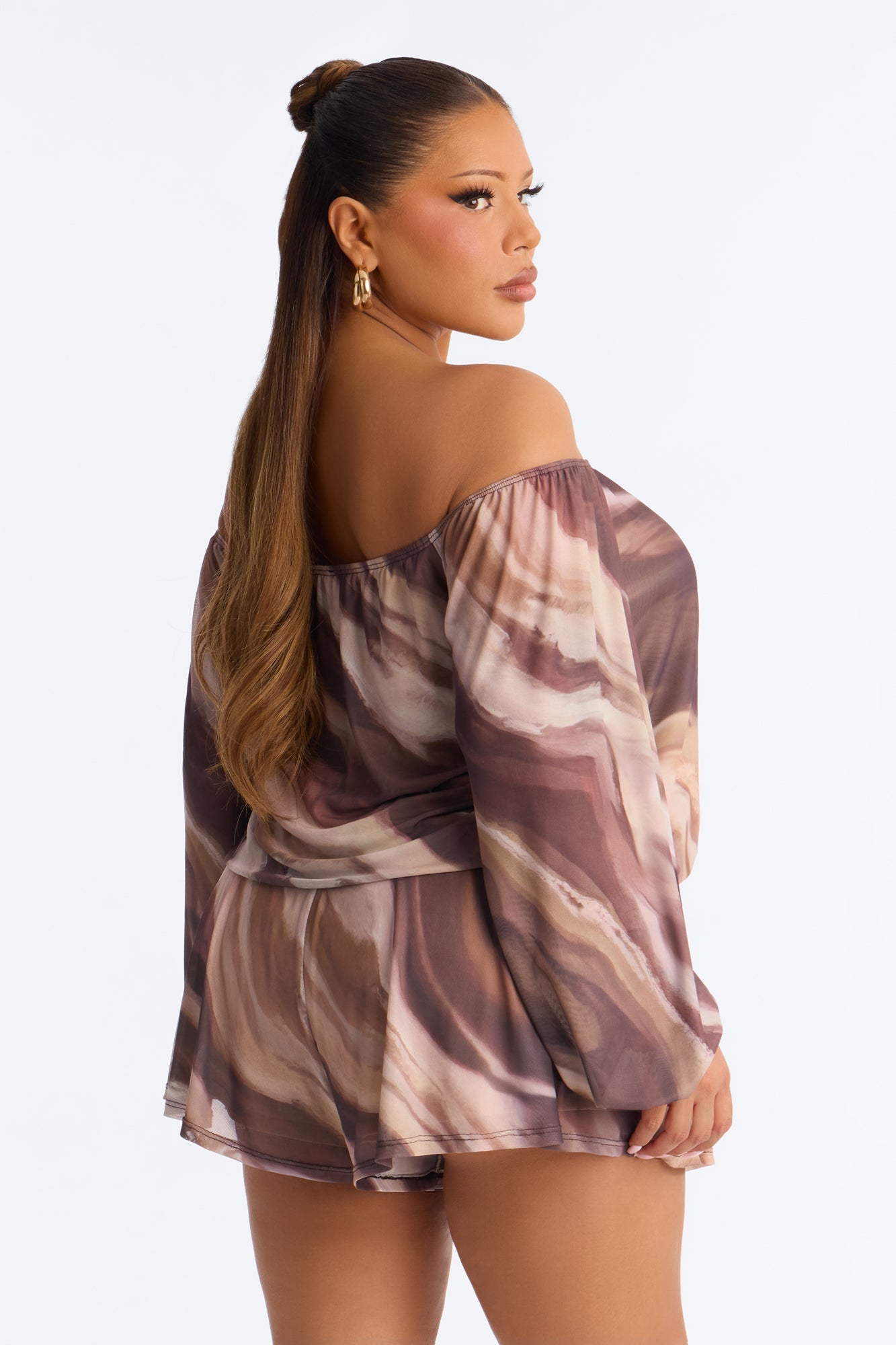 Rana Mesh Off Shoulder Romper - Brown