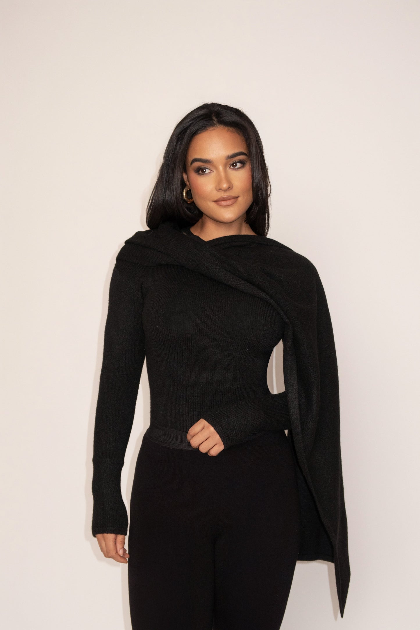 Black Ribbed Scarf Top