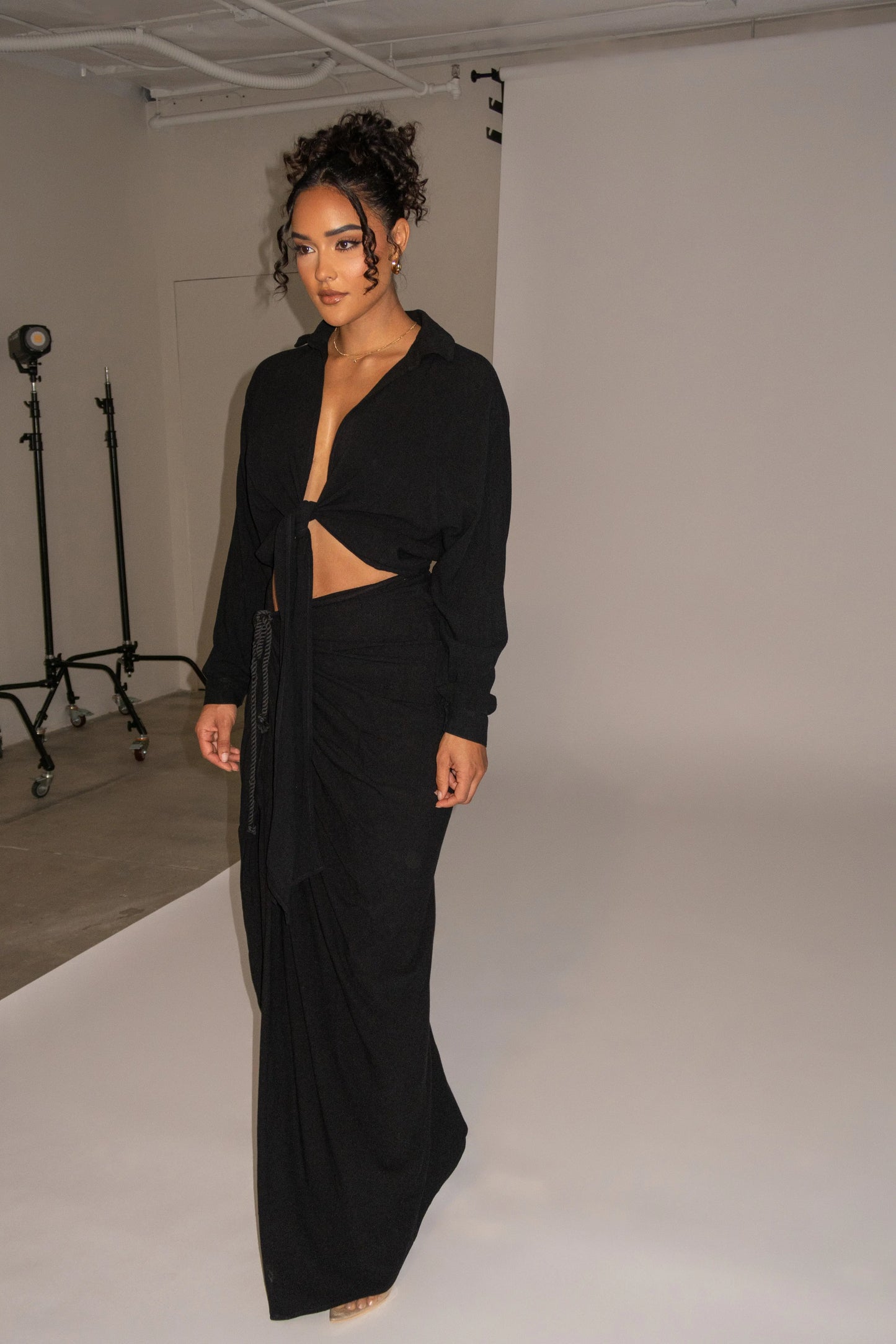 Black Soho Front Tied Woven Top JLUXLABEL