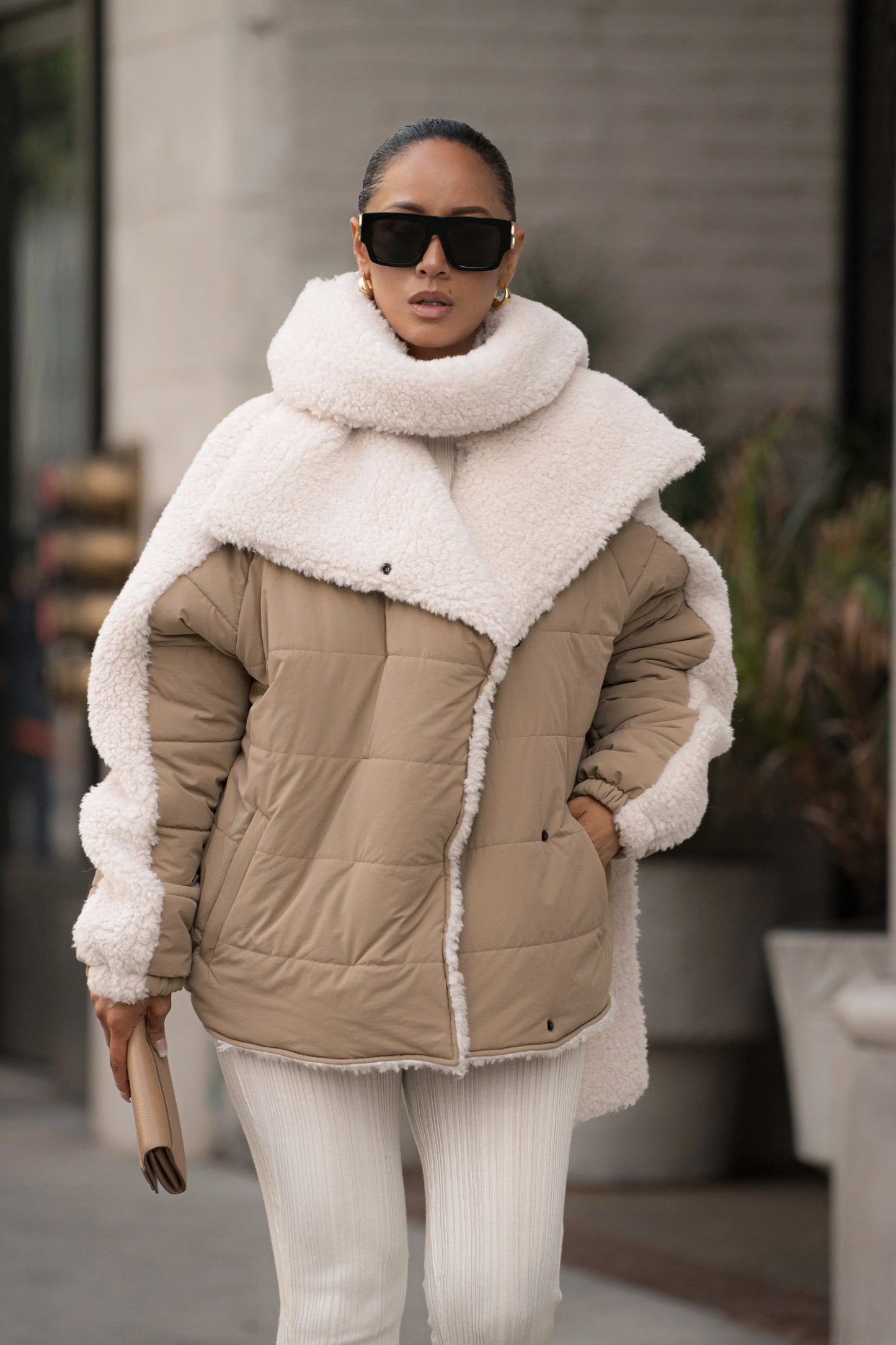Beige/Ivory Contrast Sherpa Jacket JLUXLABEL